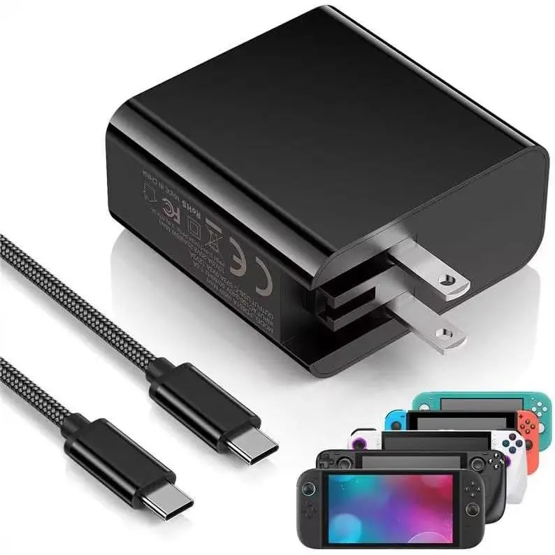 2 AC Adapter  Charger 65W for  2/1/OLED/Steam Deck with Foldable Plug & 6.6FT USB-C  for Switch2/1/OLED/Lite Steam Deck, ROG Ally