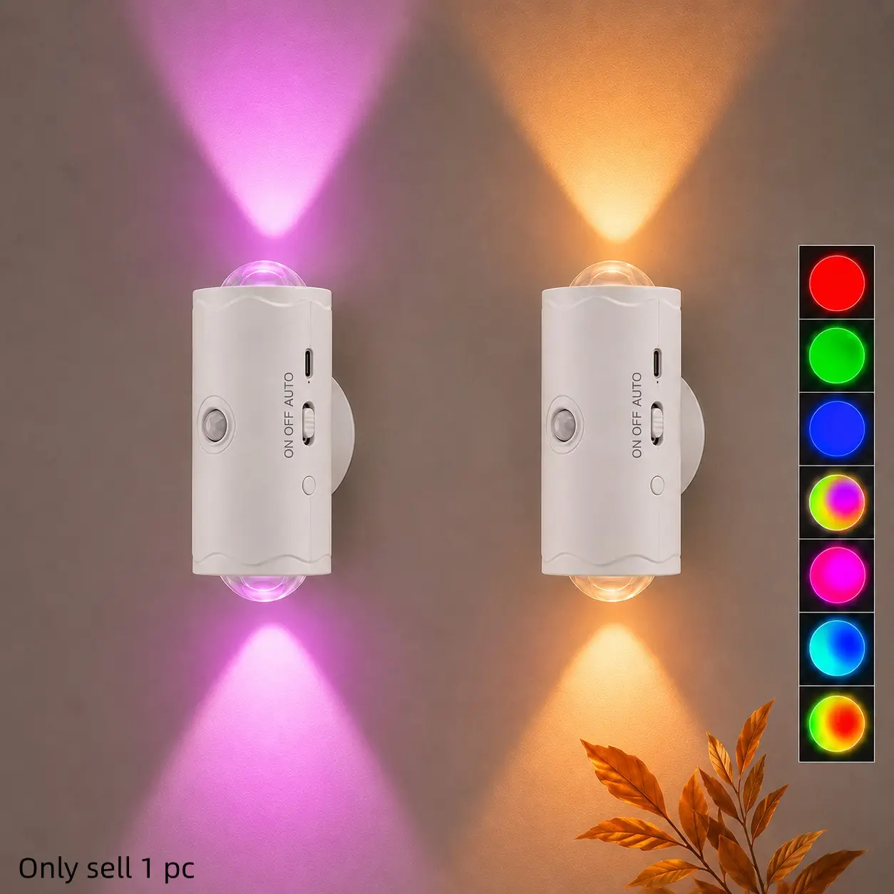 Rechargeable Motion Sensor Night Light, 7 Color RGB LED Wall Sconce, Cordless Stick-On Lamp for Bedroom, Corridor, Staircase, Closet, Bedside and Entrance