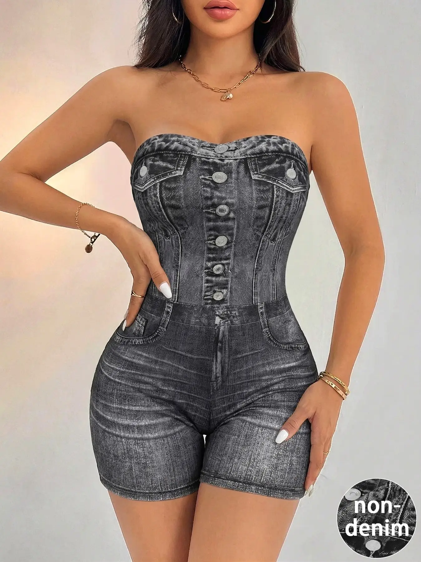 Women's Denim-Effect Printed Button Tube Chic Romper, Casual Strapless Skinny Bodycon Jumpsuit for Summer Daily Outdoor Wear