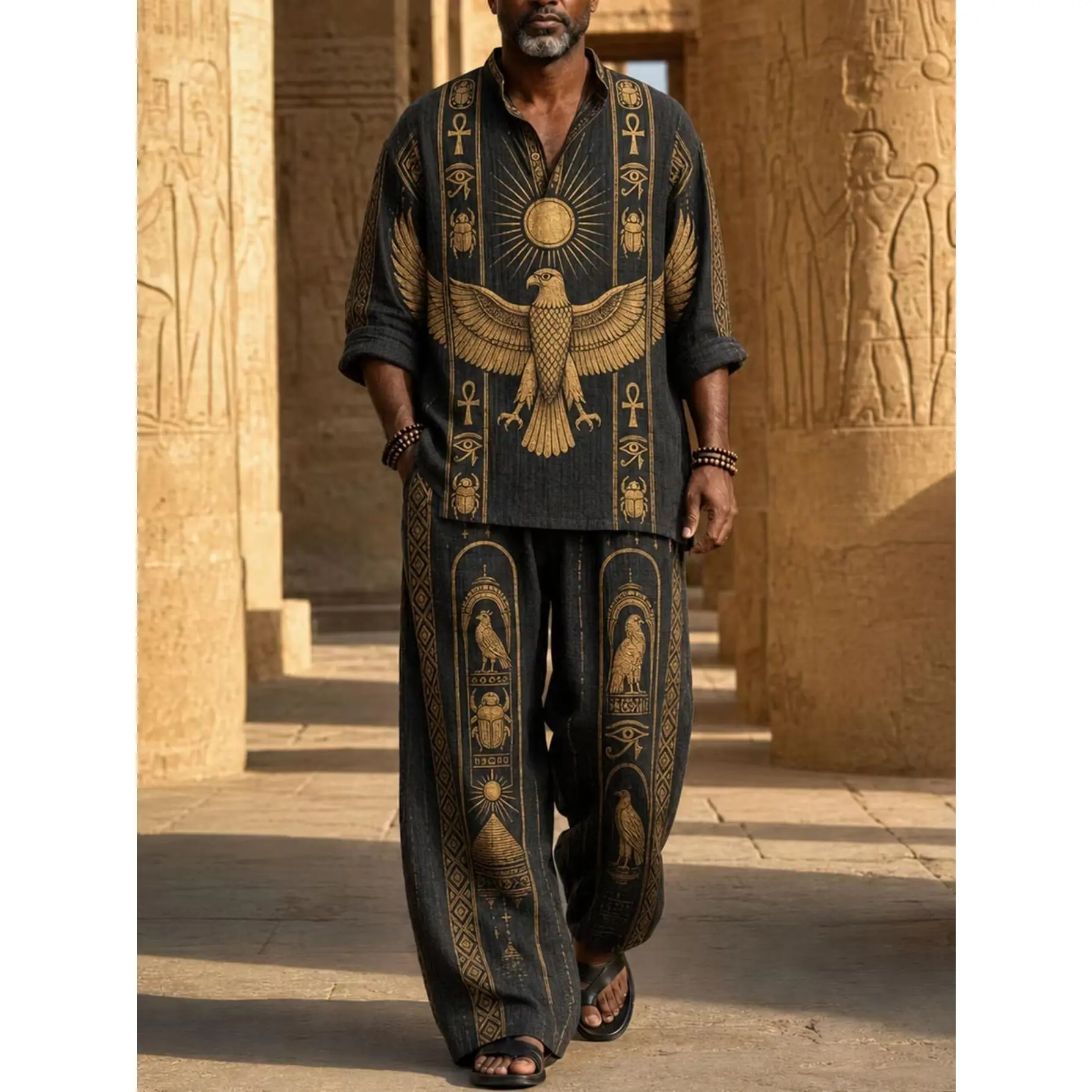 Men's 2-Piece Linen Clothing Set - Stand Collar Half-Placket Long Sleeve Shirt, Drawstring Wide-Leg Pants, Ancient Egyptian Eagle Totem Print, Loose Boho Casual Outfit (2 Piece Mens, Egyptian Motifs, Ancient Print)