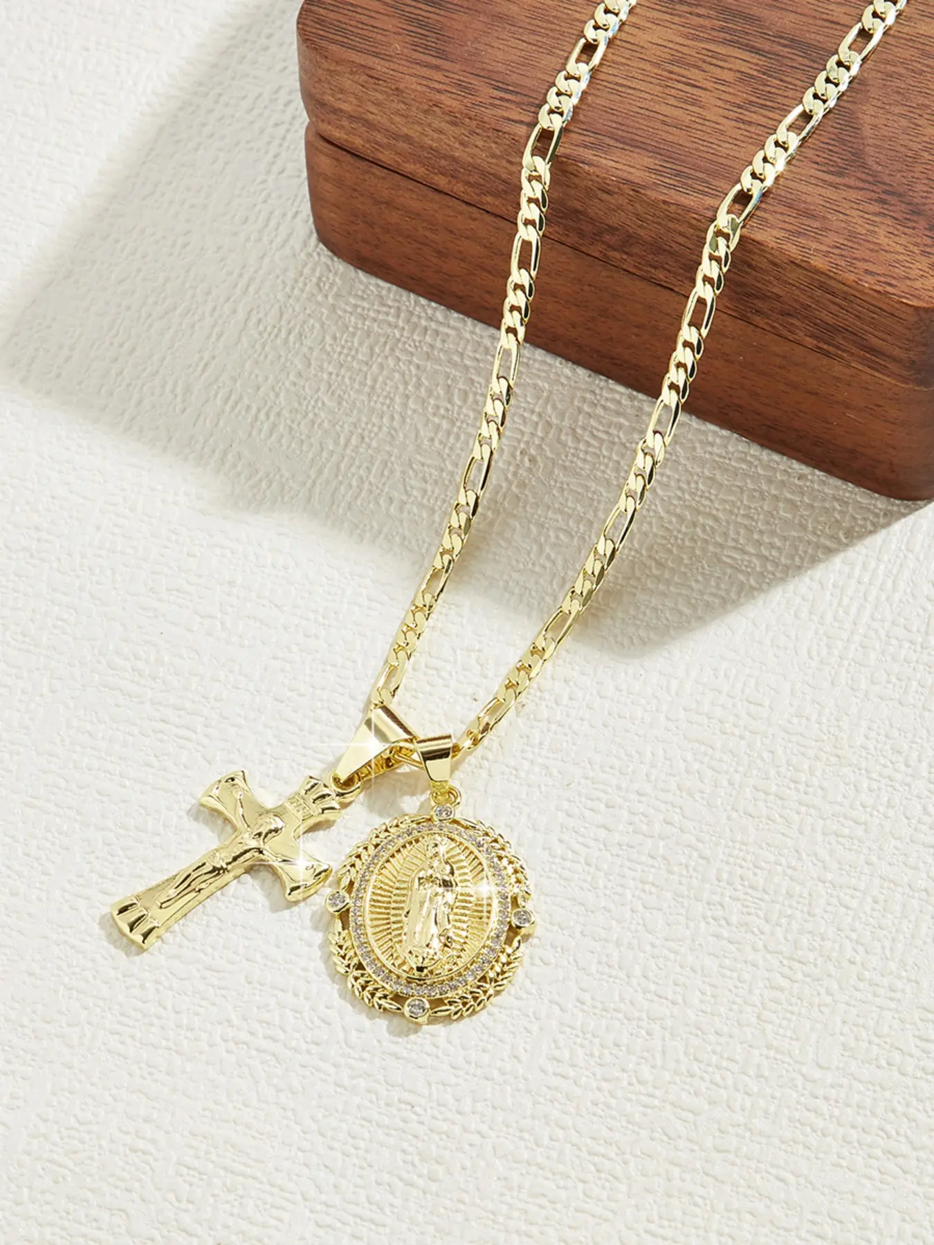Fashionable Jesus Cross and Virgin Guadalupe Dual Pendant Necklace, Elegant Copper Plated Christian Jewelry, Women's Gift