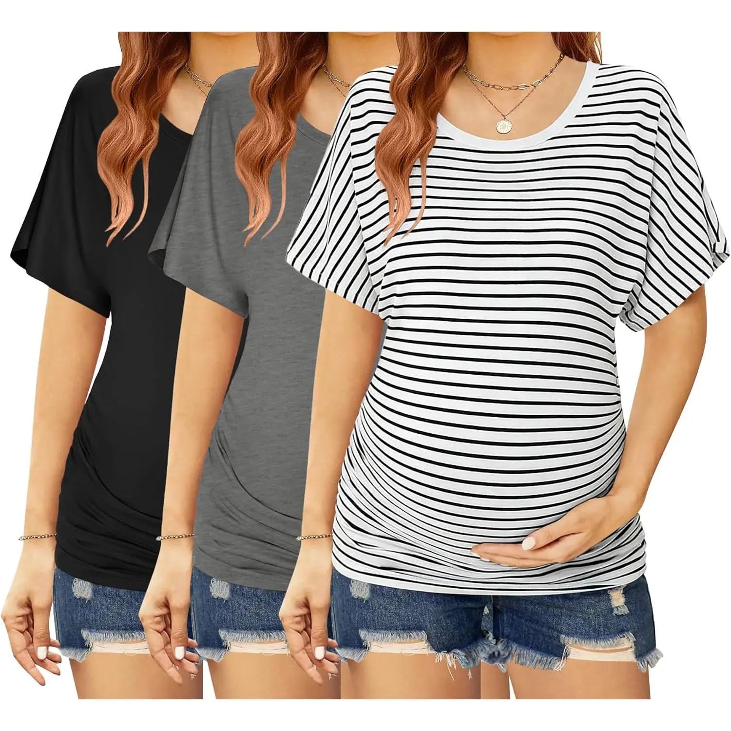 Maternity Shirts 3 Packs Dolman Sleeve Side Ruched Tops Clothes