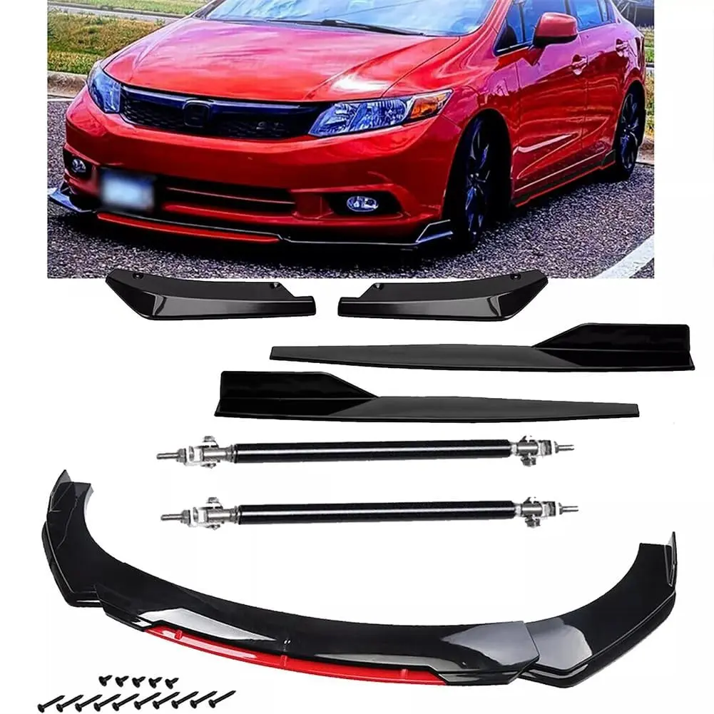 GARVEE Glossy Black/Red Front Bumper Lip Spoiler & Side Skirt Kit | ABS Plastic Body Kit for Sedans up to 1.9M Wide | Universal Fit, Easy Screw-On Installation, Bumper Protection