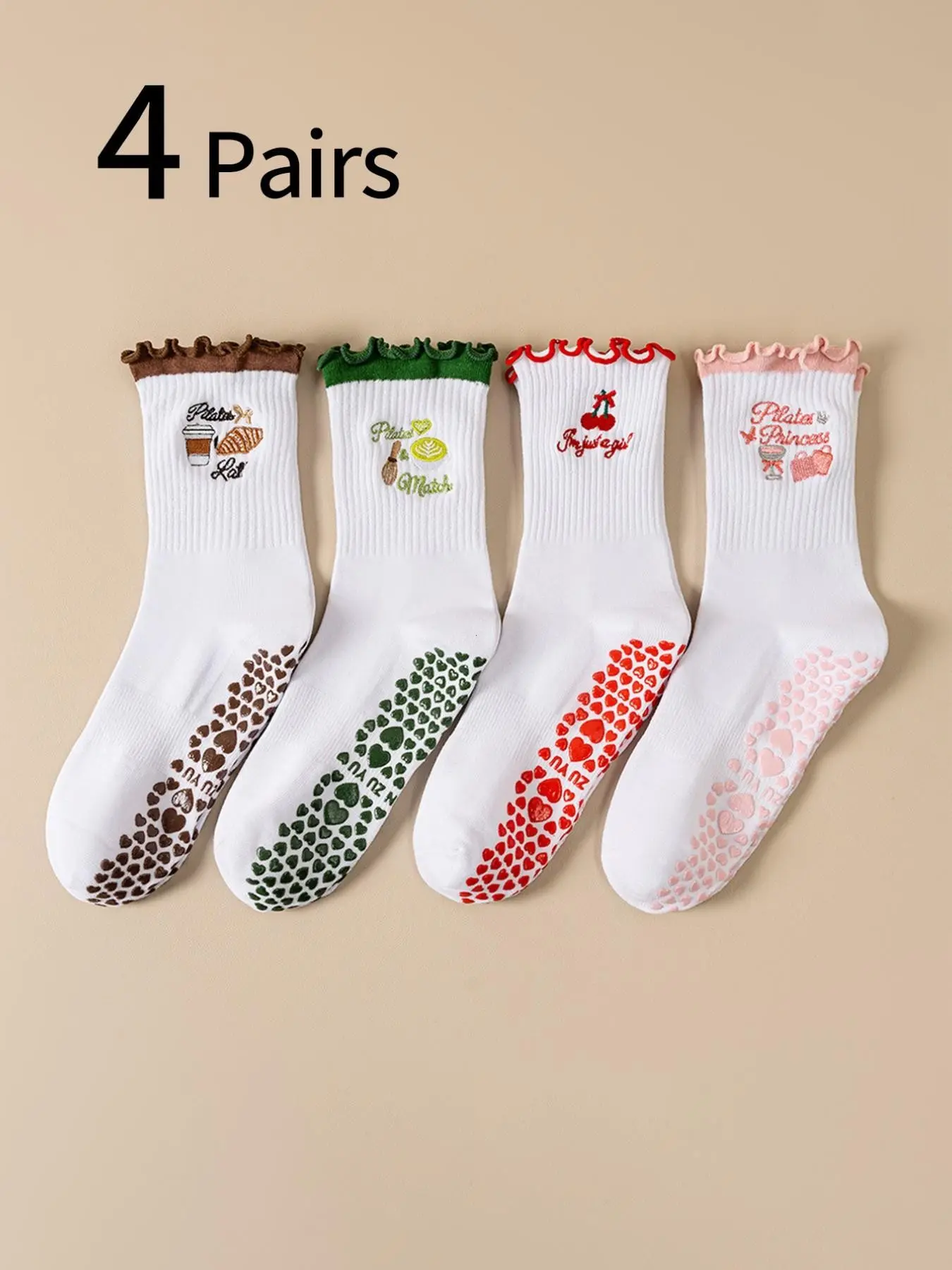 4 Pairs Women's Mid-Calf Sports Socks, Cute Cartoon Embroidered Trim, Non-Slip Silicone Pilates, Yoga, Dance Socks, Sweat-Wicking, Breathable
