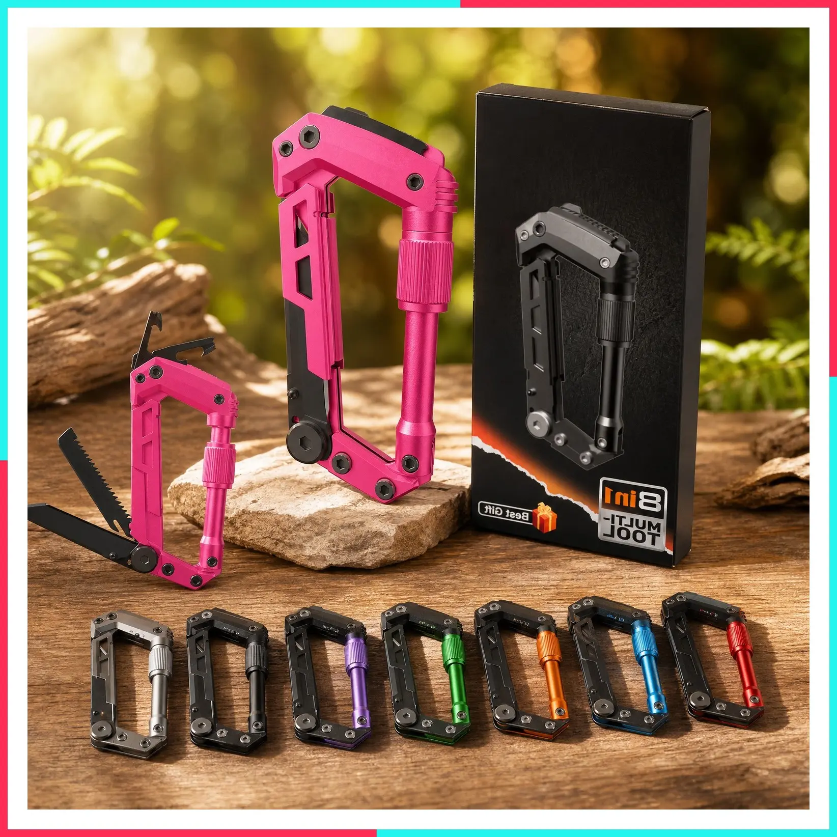 Pink Multitool Carabiner Keychain Knife with Serrated Blade, Bottle Opener, Rope Cutter, Screwdriver - EDC Folding Knife for Camping Hiking, Gifts for Women Men