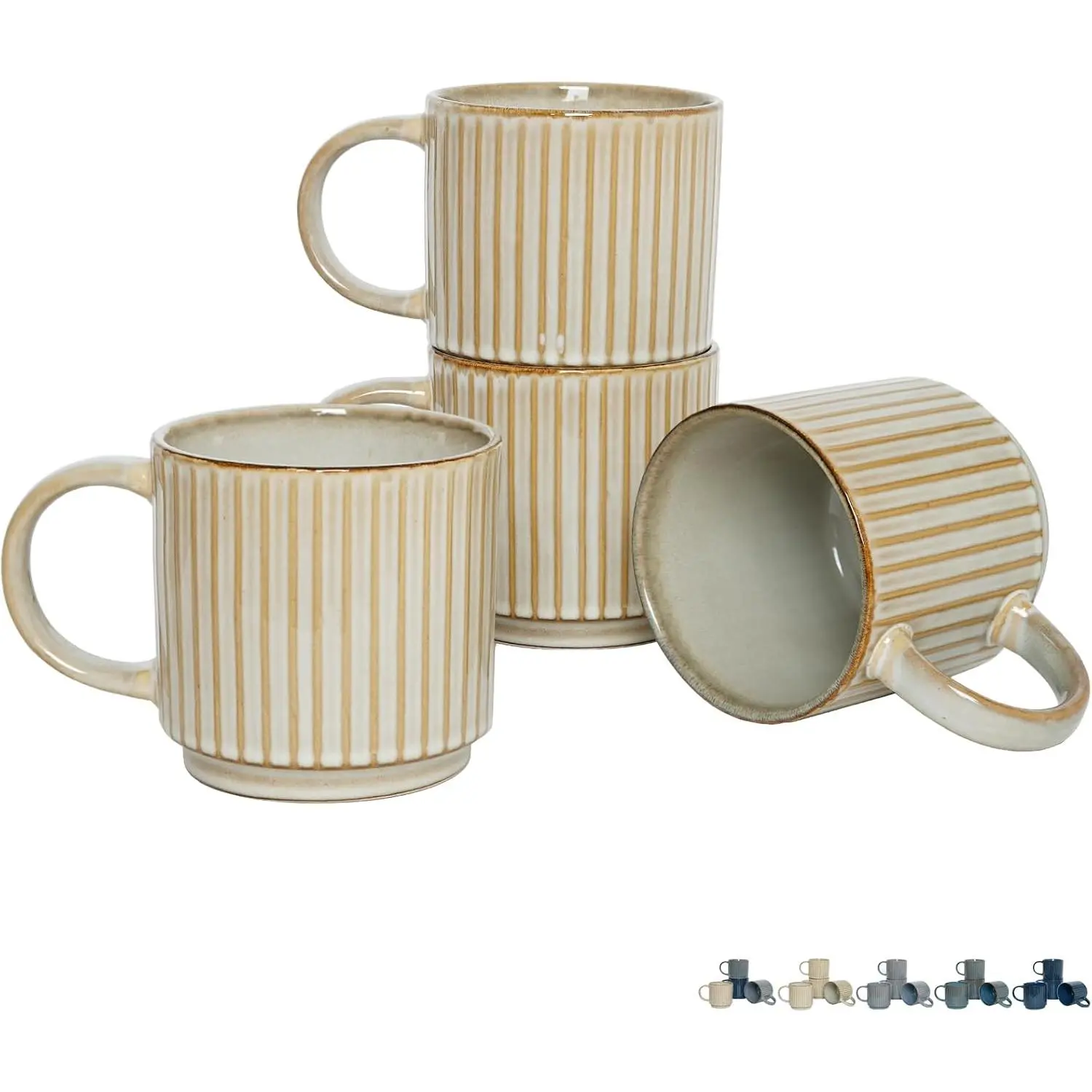 Sturdy Classic Stylish Reusable Washable Stackable Ceramic Coffee Mug Set of 4, 16 Oz, Microwave-Safe Reactive Glaze Beige Drinkware Cups