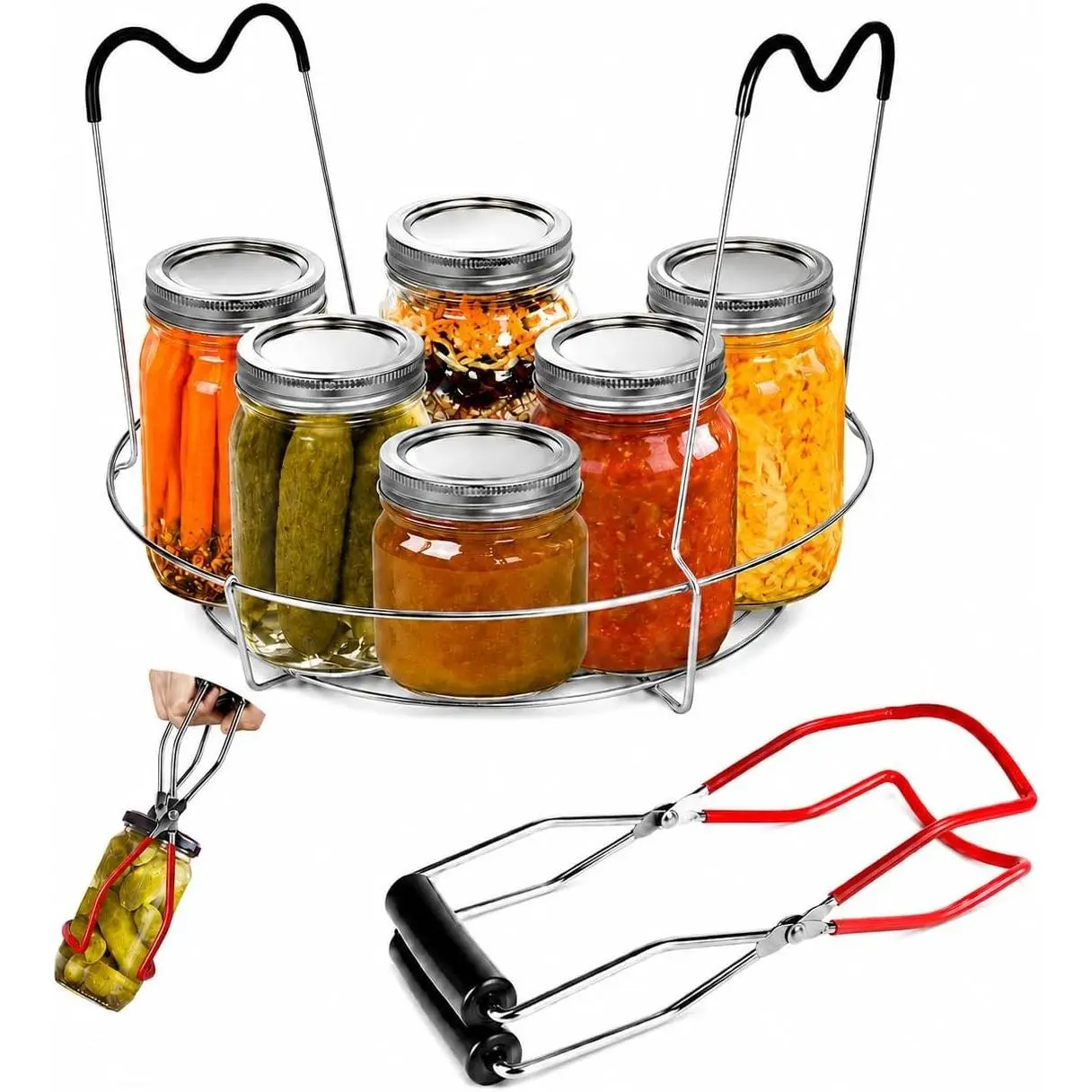 KORCCI 12in Stainless Steel Canning Rack with Contour Handles, Holds 7 Pint or 6 Quart Jars in Pressure Canner Pot