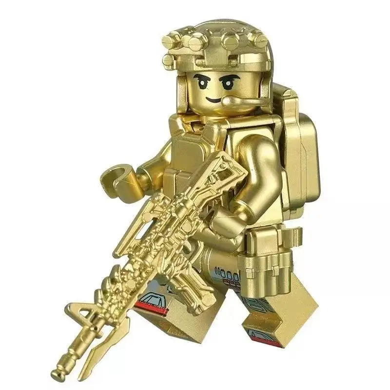 Golden Tone Heavy Gear Tactical Brick Minifigures, Compatible Universal Interlock Bricks With Full Tactical Decor Attachments, Educational DIY Assembly Collectible Character Display Set, Building Block Sets