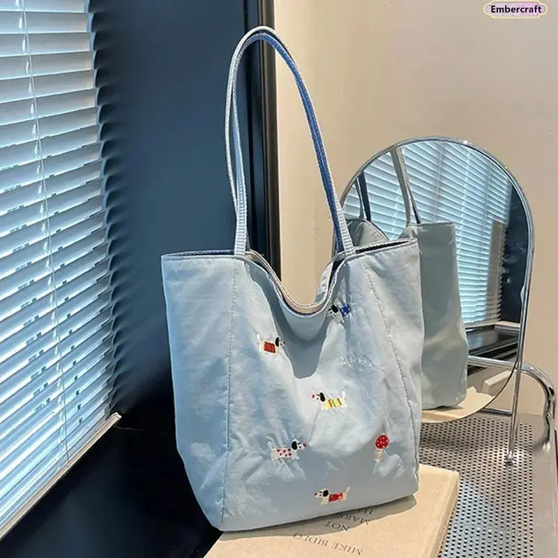 Embroidered Dachshund Tote Bag for Women, Cute Striped Canvas Shoulder Bag with Large Capacity Storage, Cozy Aesthetic Everyday Carry for Campus, Work, Shopping & Weekend Outfits