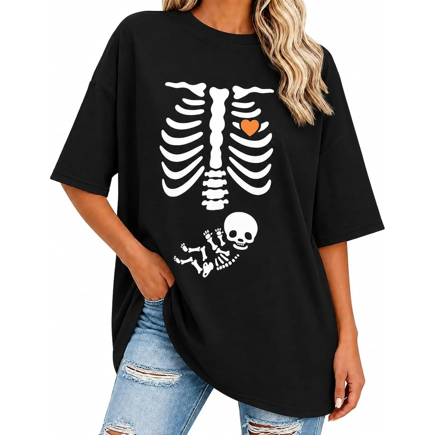 Women's Halloween Graphic T-Shirt - Streetwear Baggy Round Neck Casual Tee with Pumpkin Heat Transfer Print, All-Season Maternity Style Fabric Top