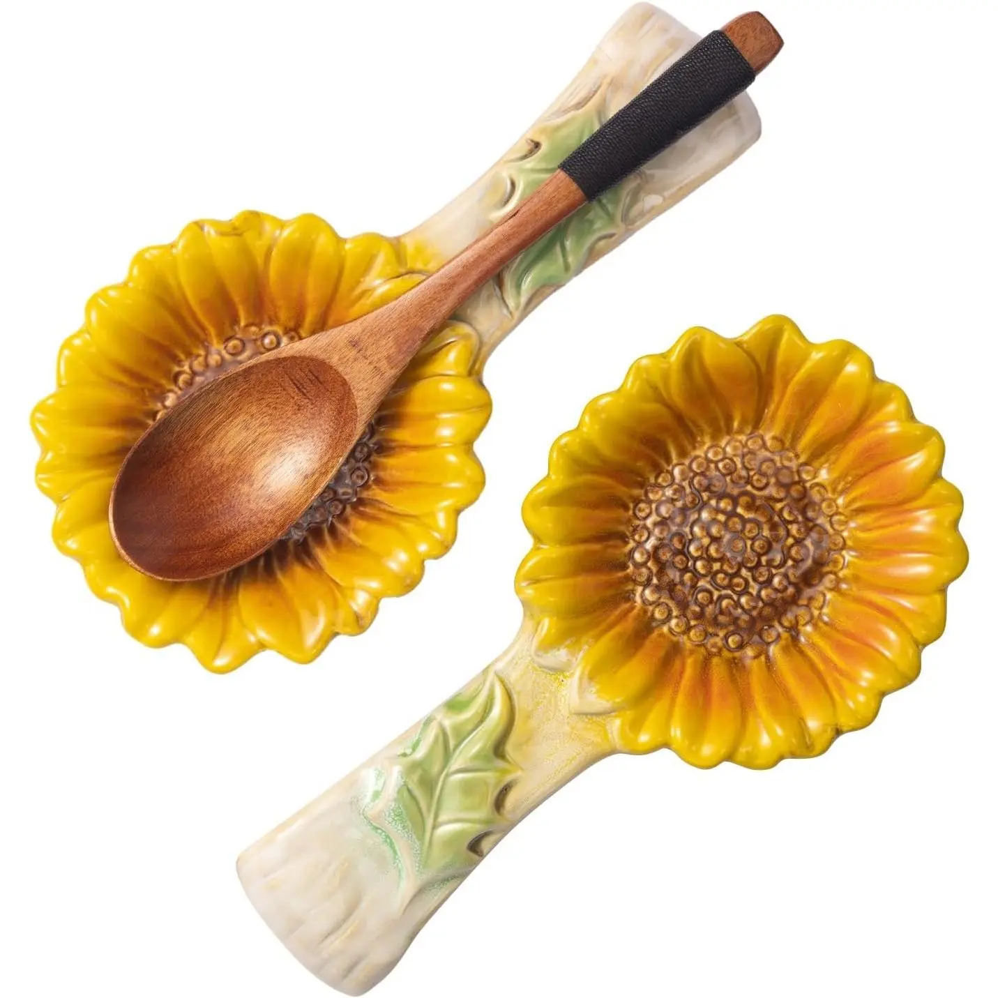 2 Pack Spoon Rest for Stove Top, Sunflower Ceramic Spoon Holder for Kitchen Counter Cooking Utensil Ladle Spatula Holder Cute Spoon Rest Sunflower Kitchen Decor Items House Warming Birthday Gift
