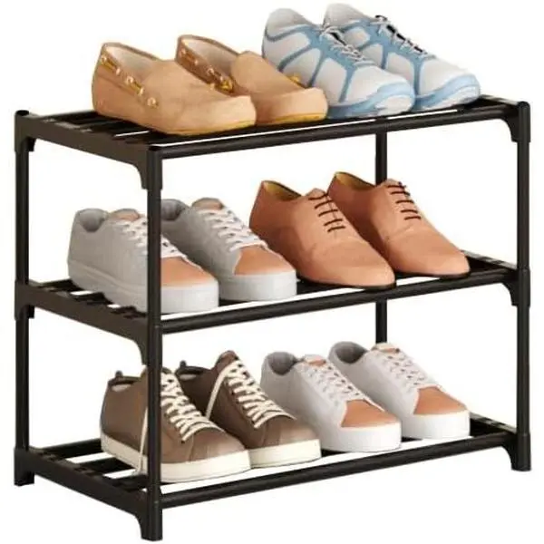 Metal Stackable Small Shoe Rack Organizer, Narrow Shoe Racks for Closets Entryway, Shoe Stand,Shoe Shelf with Handle (3-Tier-Black)