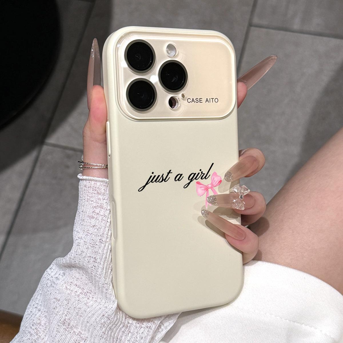 Personalized Simple Letter &Pink Bow Slogan Dopamine Ins Style Solid Color Phone Case with Ultra Skin friendly Touch, All Inclusive Lens Phone Case Suitable for iPhone 17 16 15 14 13 12 Pro Max Air