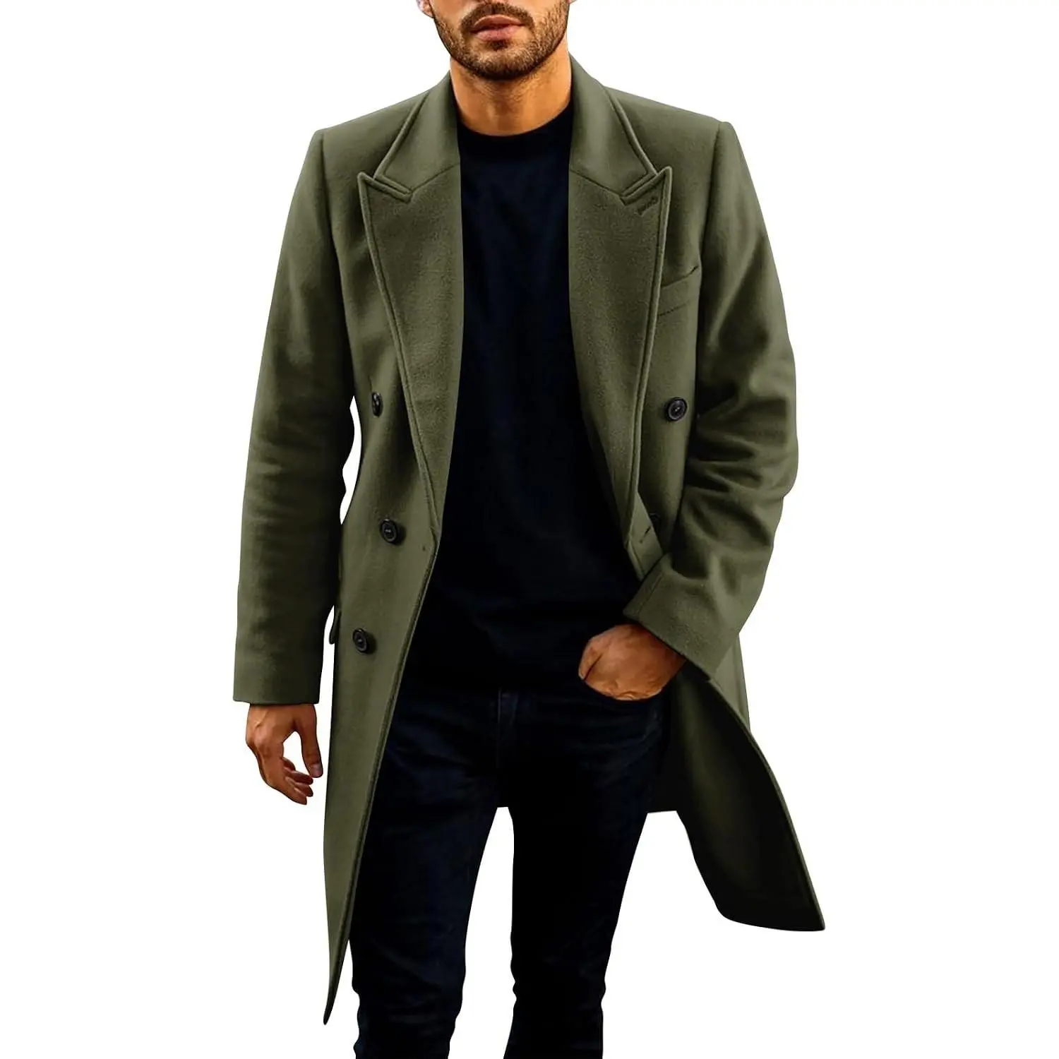 Mens Trench Coat Mid Long Double Breasted Slim Fit Peacoat Notched Lapel Winter Business Overcoat