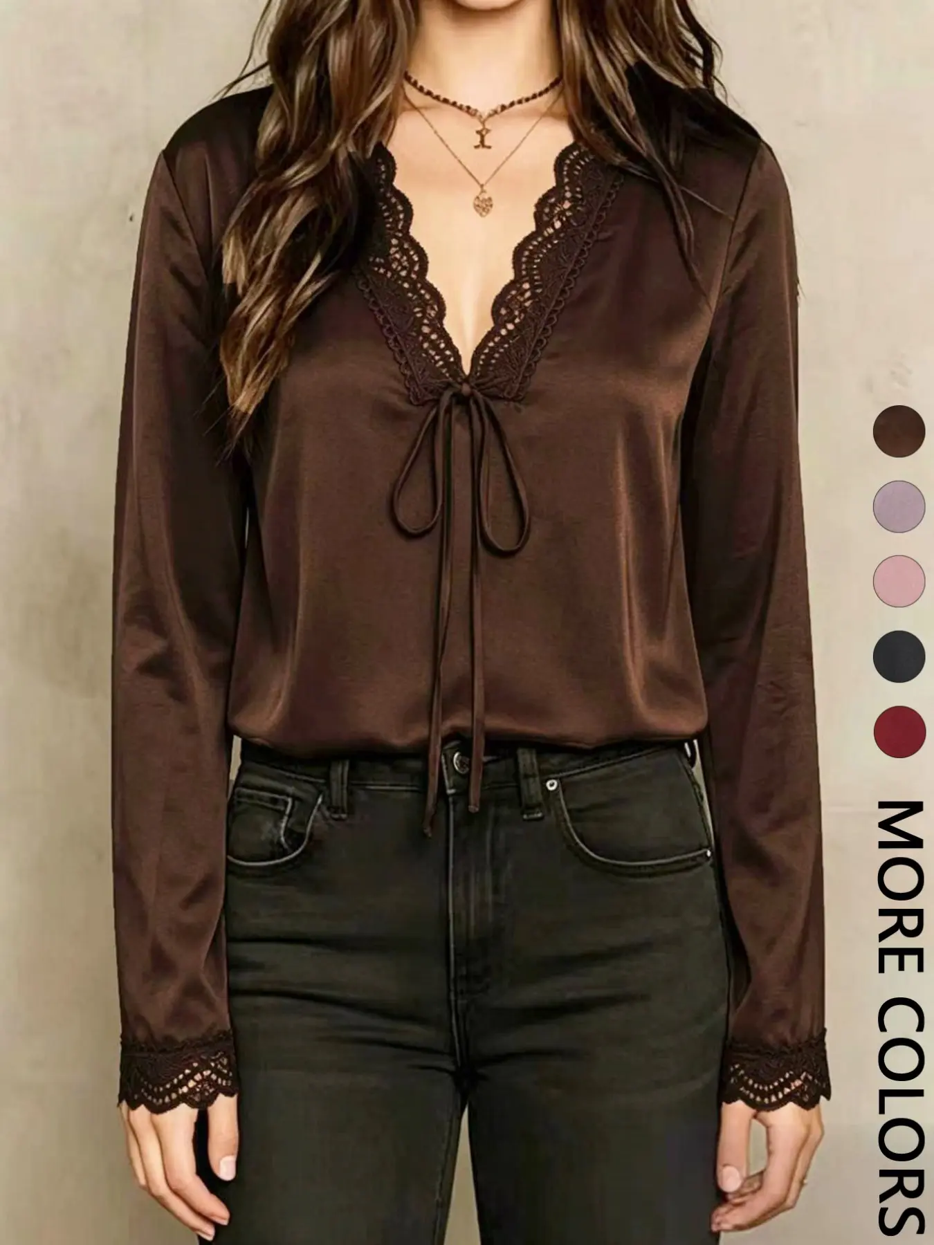 Spring Summer Satin Lace Trim Short Sleeve Shirt, V Neck Tie Design, Loose Fit Slimming Daily Commute Top, Women's Fashion Blouse, Basic