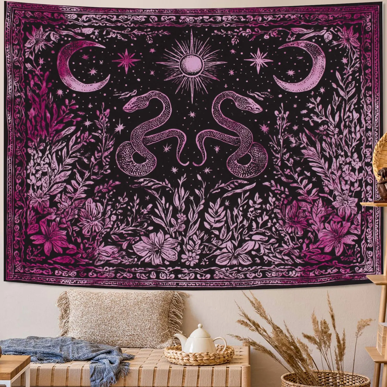 Dark Academia Mystical Smooth Print Polyester Tapestry Wall Hanging - Black-Purple Double Snake, Star-Moon, Floral Motifs, Lightweight Draped Decor for Dorm, Bedroom, Spiritual Gift for Teens