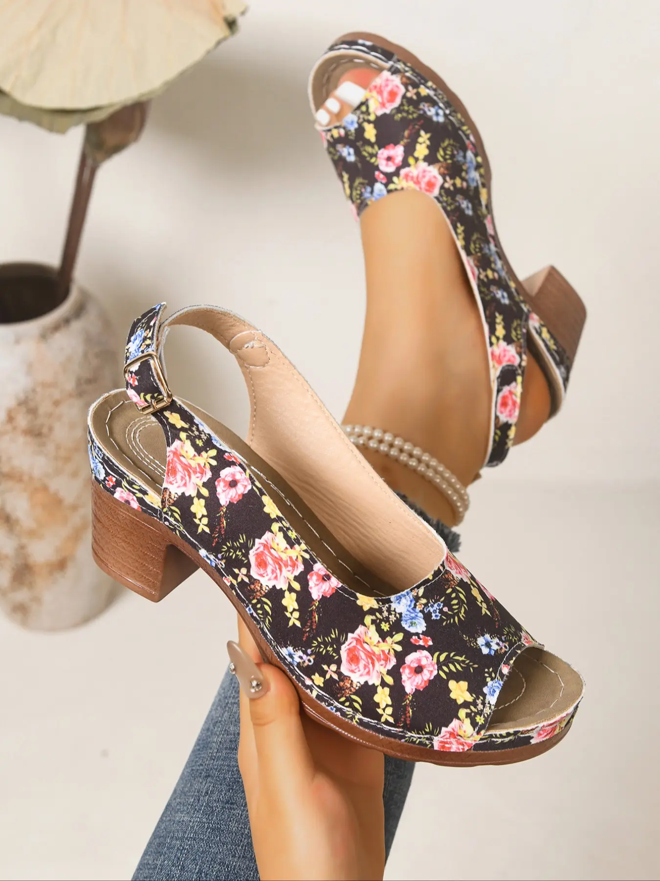 Women's Multi-Pattern Printed Fabric Peep Toe Adjustable Metal Buckle Slingback Strap Wood Grain Block Mid Heel Vintage Backless Sandals, Soft Lining Insole All Seasons Floral Skull Denim Leopard Print Casual Block Heel Sandals