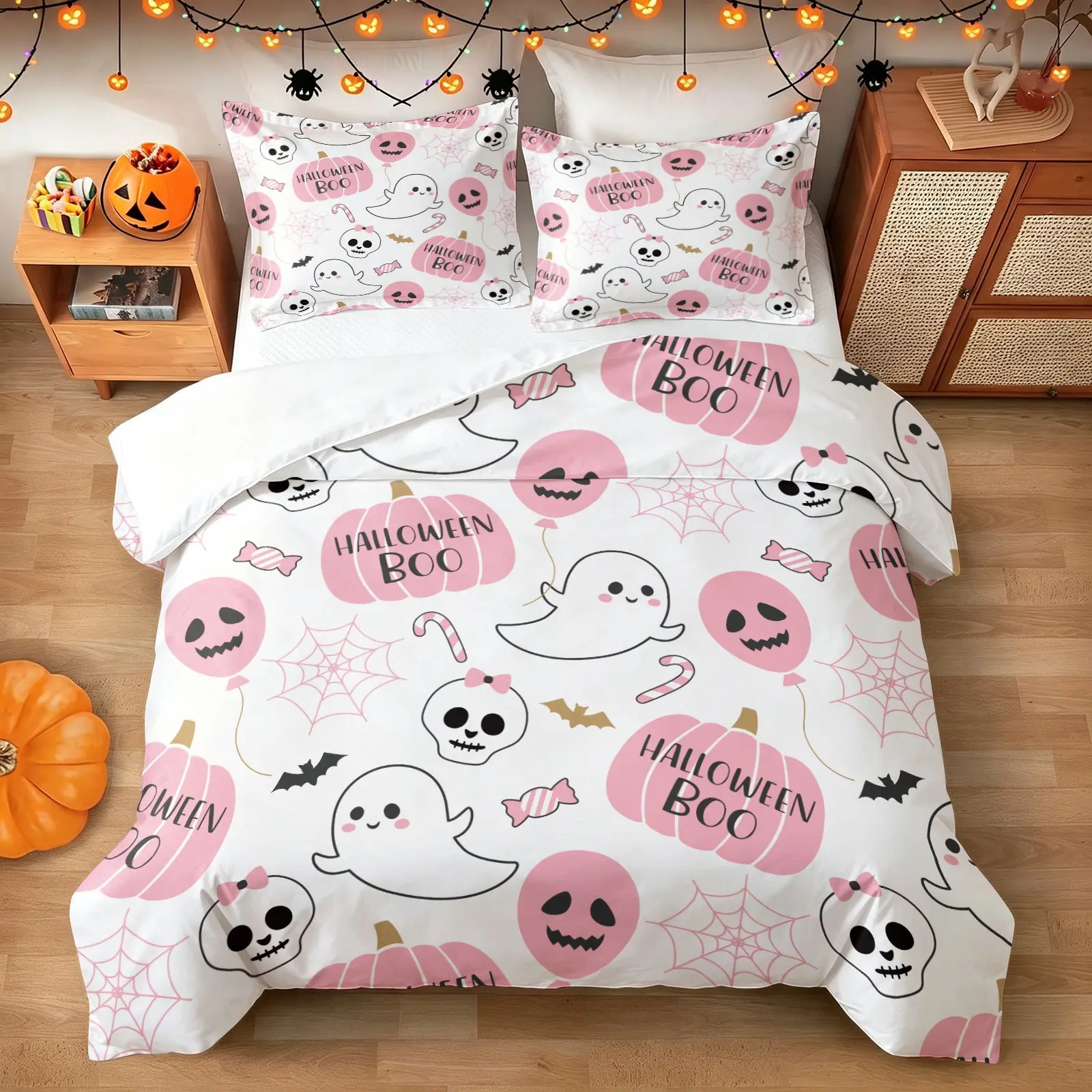 Cute Pink Pumpkin Ghost Halloween Duvet Cover Set (1 Duvet + 1-2 Pillowcases), Soft Skin-Friendly Cozy Breathable Fabric, Boo Letter Pumpkin Ghost Skull Spider Bat Print, Girly Sweet Spooky Season Bedroom Bedding Decor