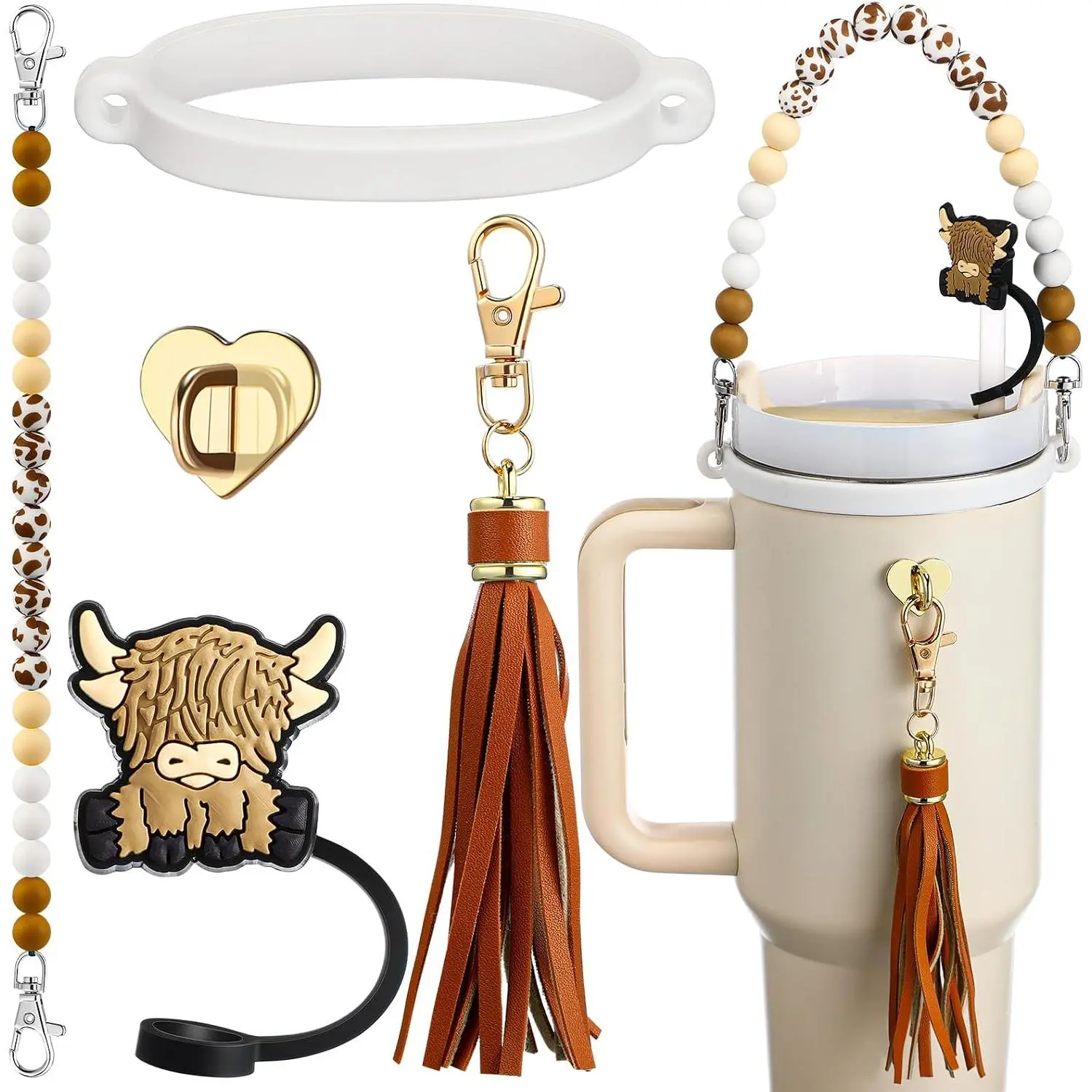 5 count Highland Cow Cup Accessories Set Compatible with Cup Include  Beaded Bottle Strap Leather Tassel Charm Cow Straw Topper Bottle Ring for 8-40 oz Tumbler(Brown,Stylish)