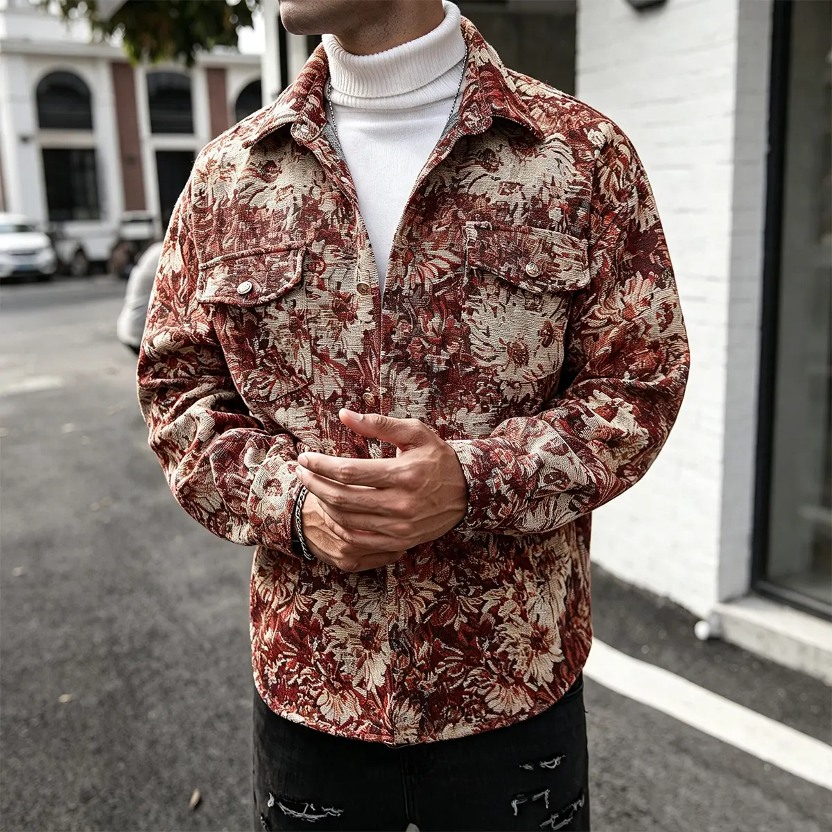 Men Vintage Floral Print Button Down Shirt Jacket, Lapel Dual Chest Pocket Textured Overshirt, Retro Casual Street Outerwear for Spring Autumn Fashion Daily Outfits