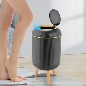 Hands-Free Waterproof Sensor Waste Bin, Modern Nordic Automatic Induction Garbage Bin, Space-Saving Multi-Use Trash Can with Wood Legs for Home Bedroom - White & Black