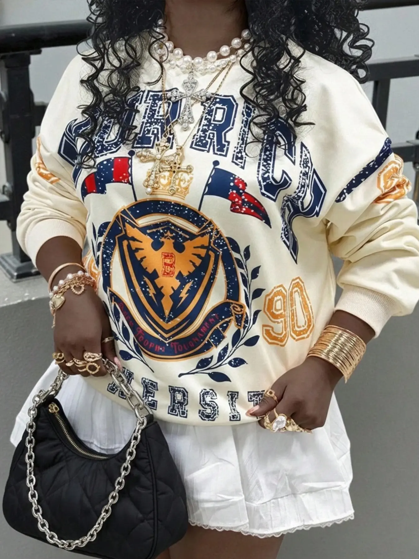American 90s College Style Shield Eagle Badge Double-Sided Print Round Neck Sweatshirt, Loose-Fit Fall & Winter Y2K Fashion