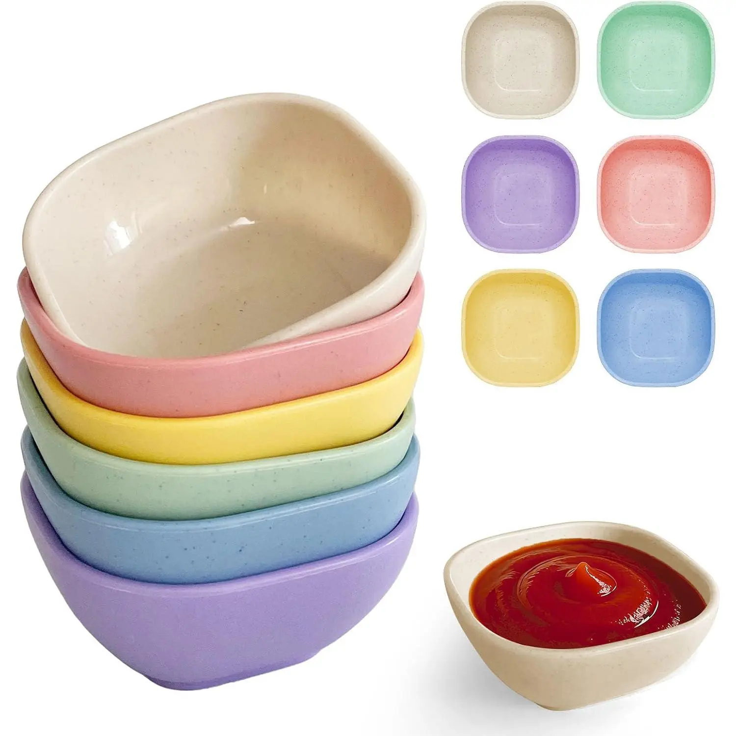 6 Pack Small Plastic Bowls 4.5 OZ Unbreakable Wheat Straw Dipping Bowls,plastic ramekins,  Colors Dipping Sauce Cups, dip cups, Dessert, Ketchup