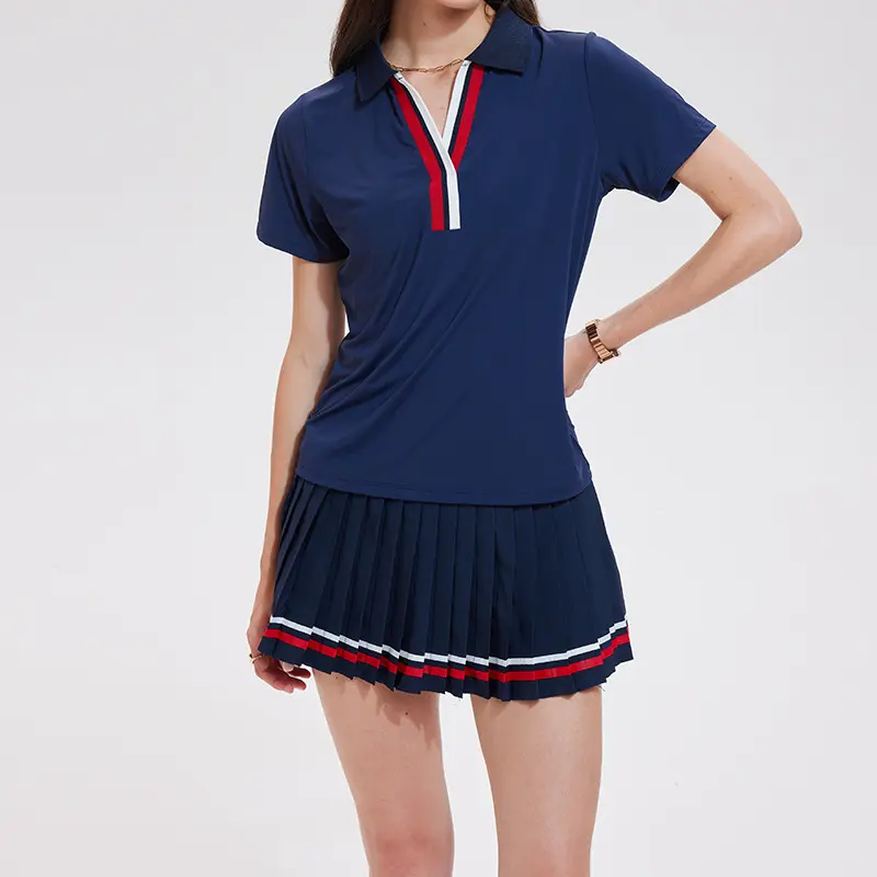 Women's 2-Piece Nylon Athleisure Tennis Skirt Set - Pleated Skort with Pockets, V-Neck Polo Chic Active Tennis Outfit for Female Pickleball, Golf Athletic Dress Alternative, Chic Tennis, Machine Washable