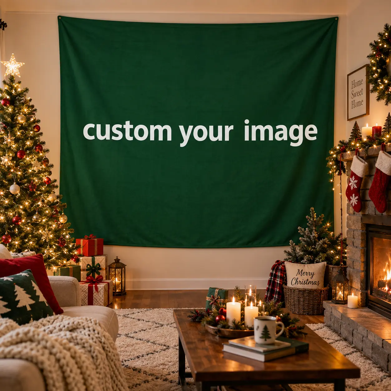 Custom Photo & Name Green Christmas Backdrop, Personalized Holiday Banner for Family Party Seasonal Decor