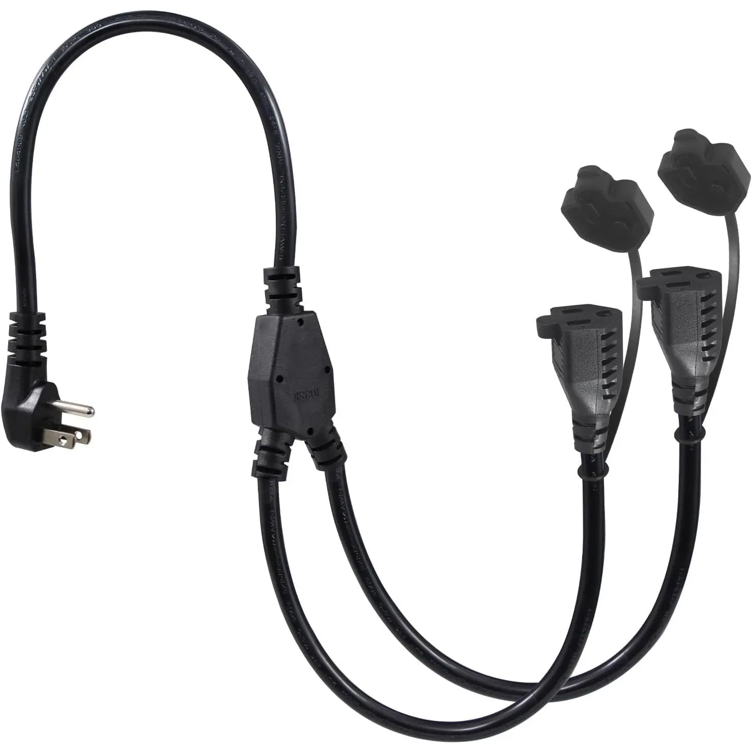 2FT Outdoor Extension Cord Splitter - 90-Degree Flat Plug Black 2 Way Waterproof Power Cord Y Splitter,1 to 2 Extension Cord, 125V 13 AMP 16AWG Short 3 Prong Extender Cord with 2 Outlets