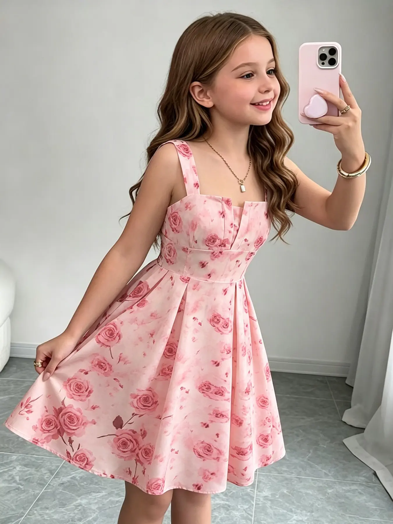 Girls' Cute Floral Sleeveless Strap Dress, Square Neck Design, Comfortable Waist Tie, A-Line Party Dress, Perfect for Holidays, Casual Wear and Daily Wear