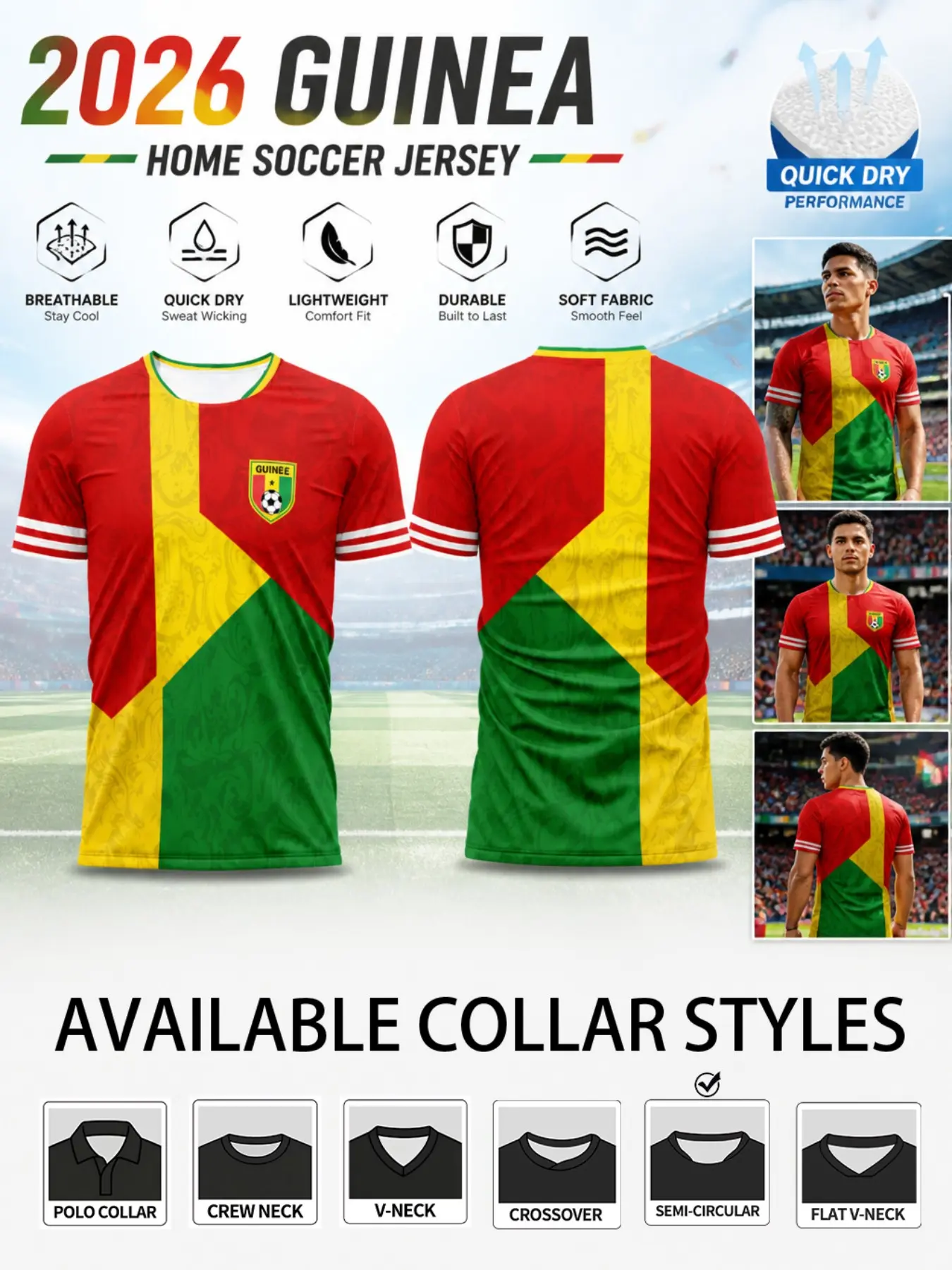 2026 Guinea Soccer Jersey, Short Sleeve High-Performance Football Top, Base, Tribal Texture, Diagonal Pattern, Quick-Dry Breathable