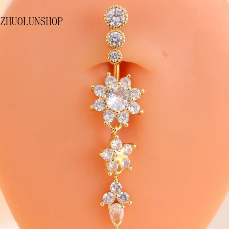 Women's Floral Copper-Plated Metal Navel Ring - Cute Belly Button Rings for Female Wear, All-Seasons Casual Daily Minimal Chic Nickel-Free Hypoallergenic Rust-Resistant Polished Finish Body Jewelry, Fashion Body Jewelry