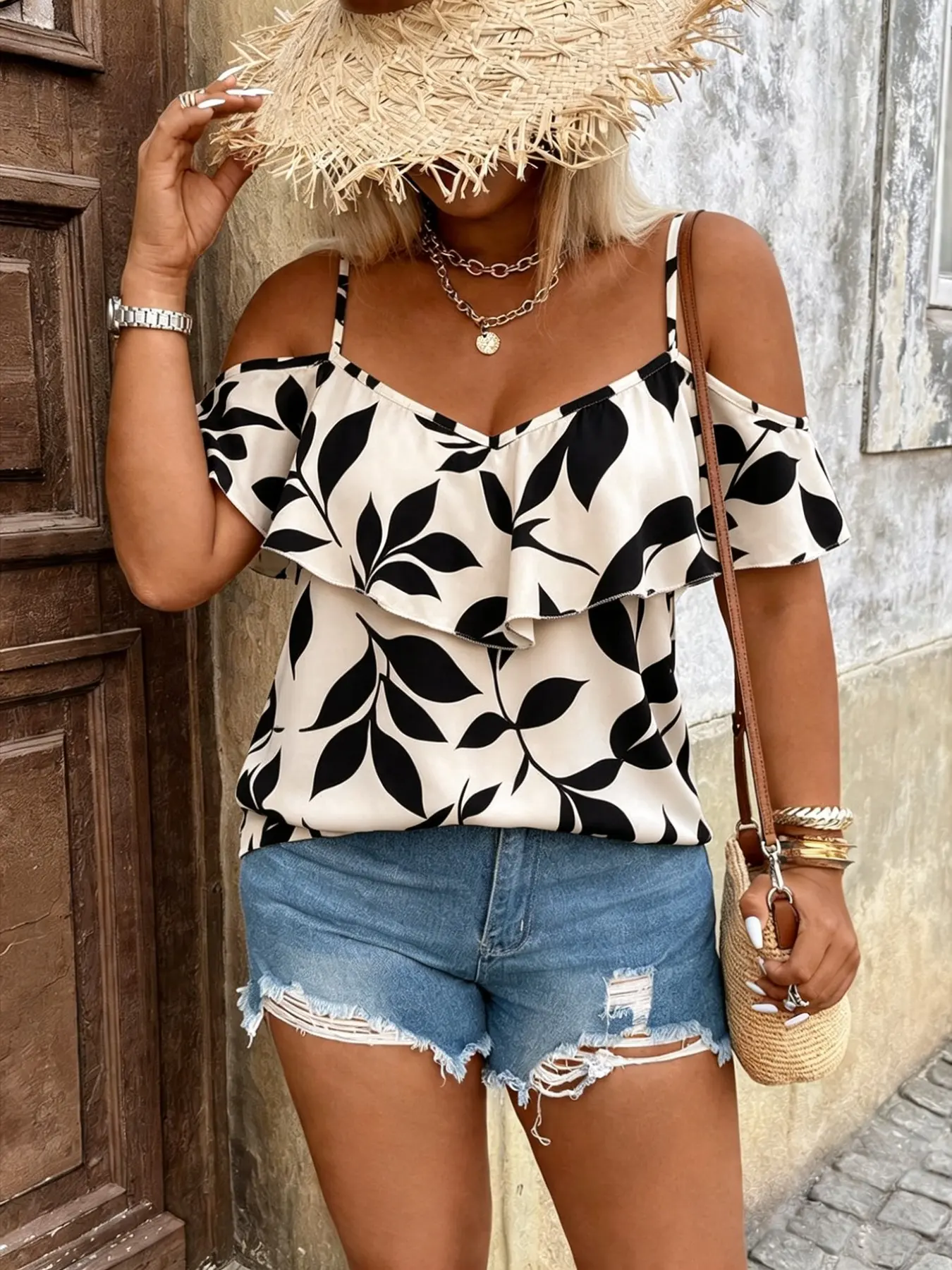 Summer New Leaf Print Off-Shoulder Boho Chic Chiffon Top, French Vintage Ruffle V Neck Strapless Blouse, Beach Vacation Loose Short Sleeve Shirt