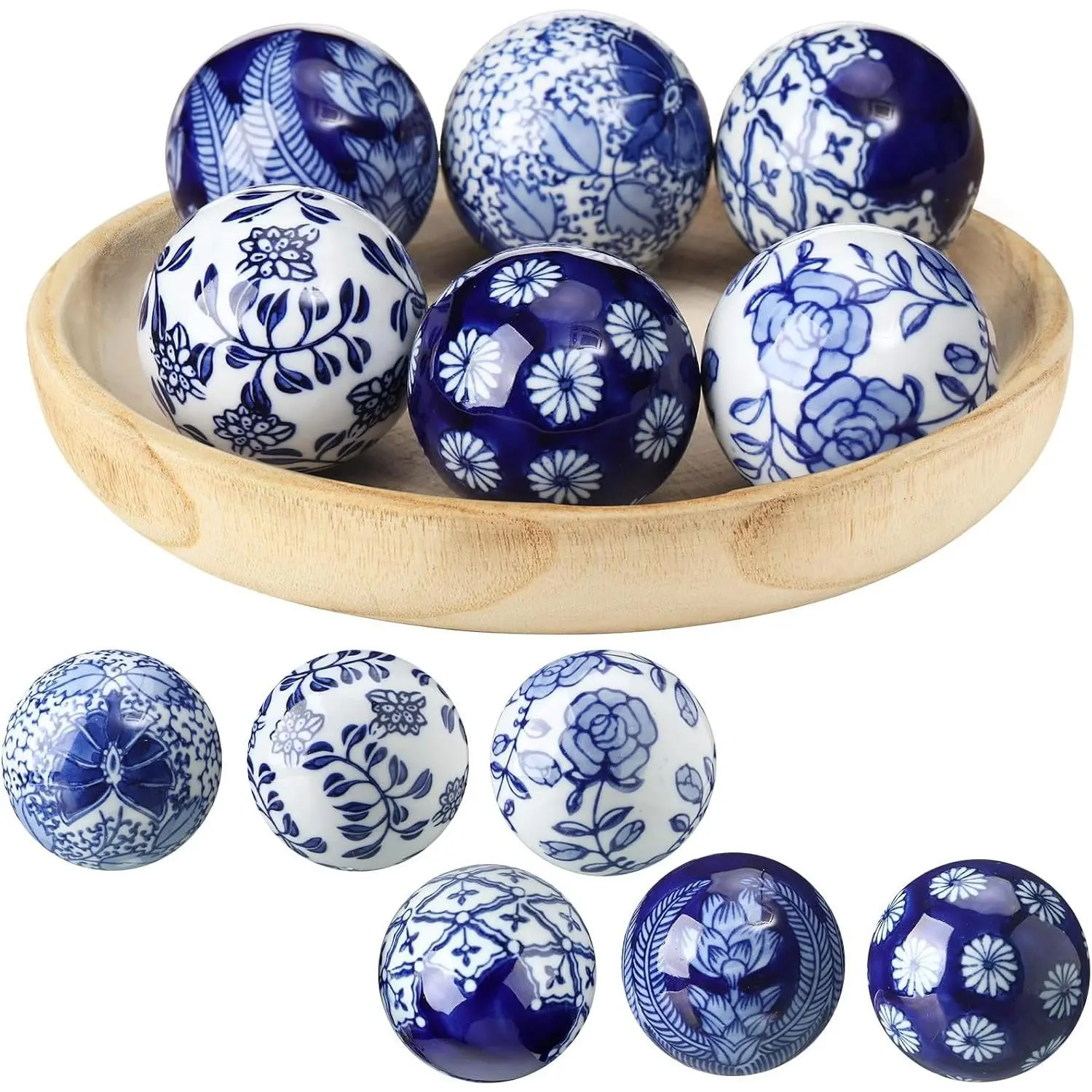 6 Pcs Blue and White Ceramic Decorative Balls, Pattern 2 - 2.36'' Vintage Floral Porcelain Orbs, Chinoiserie Decor for Bowl Bulk Basket, Gift for French Country Table Decor