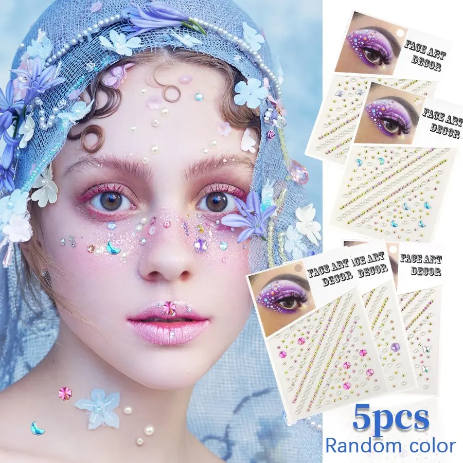 5Pcs Random Star Moon Pearl & Flower Face Rhinestone Stickers, Tassel Forehead Gem Decals for Fairy Style Music Festival, Sparkly Crystal Eye & Face Makeup Decor for Party Photoshoot Stage