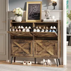Freestanding Large Shoe Storage Cabinet with 4 Flip Drawers, Narrow Entryway Hidden Shoe Rack Built with Wooden Legs and Durable Metal Hinges, Practical Organizer for Daily Shoe Storage