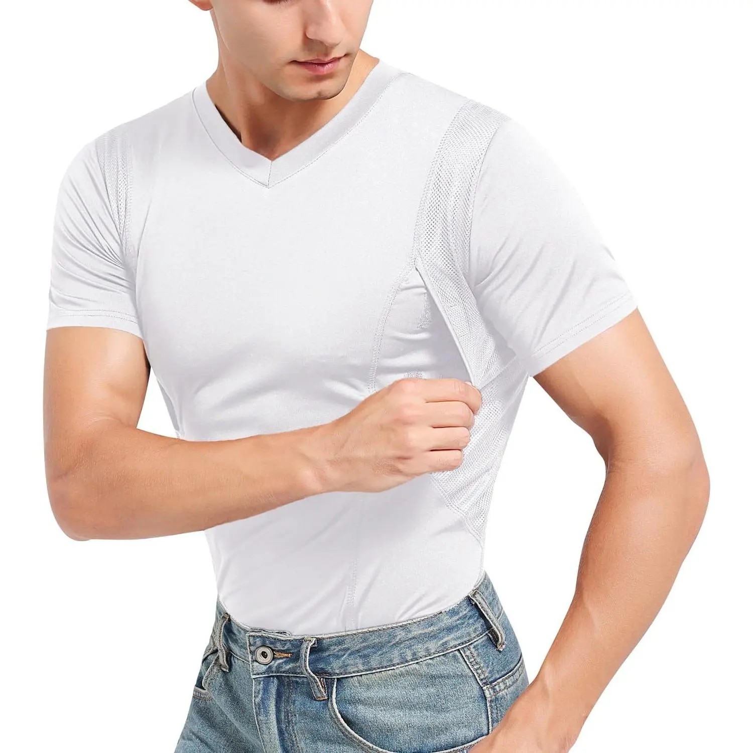 Concealed Carry Shirts for Men Holster Shirt V Neck Short Sleeve Conceal Carry Shirt Clothing with Large Pockets