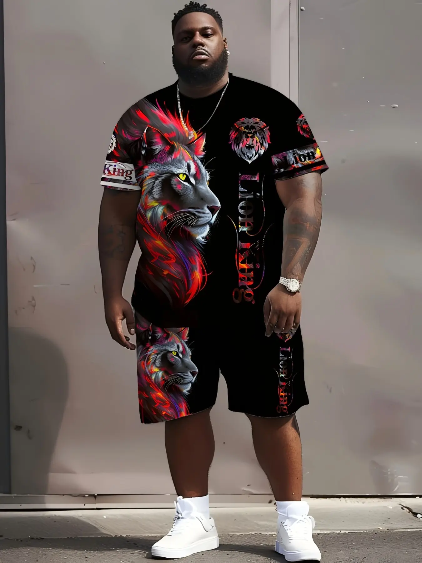 Large Size Men's Lion 3D Print Suit, Trendy Round Neck Short Sleeve Tee Shorts Set, Multiple Patterns, Summer Casual Comfortable