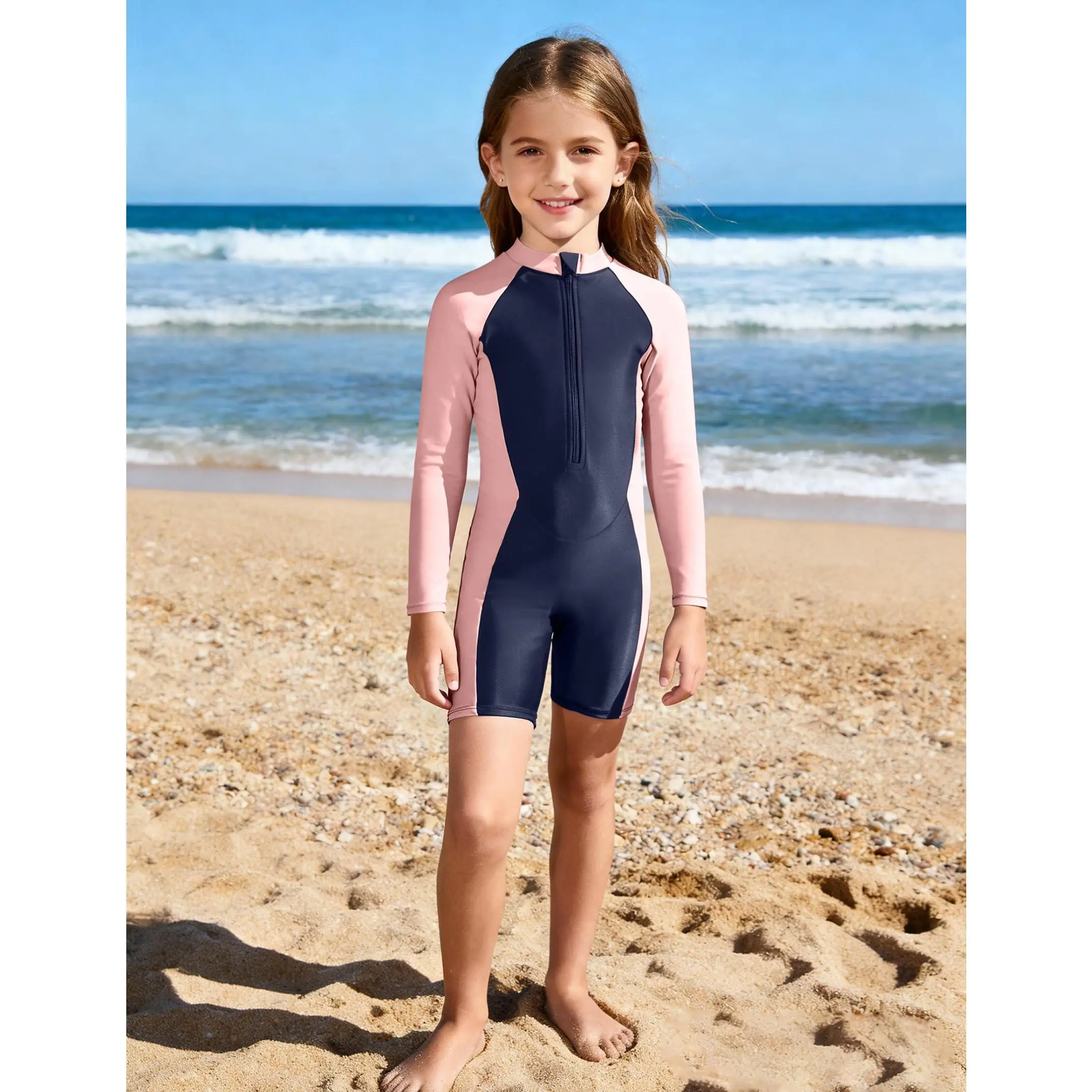 Yesfashion Girls' 1-Piece Long Sleeve Colorblock High Neck Rash Guard Swimsuit - UPF 50+ UV Protection, Zip Front, Quick Dry, Machine Washable Athletic Beachwear for Boogie Boarding Kids
