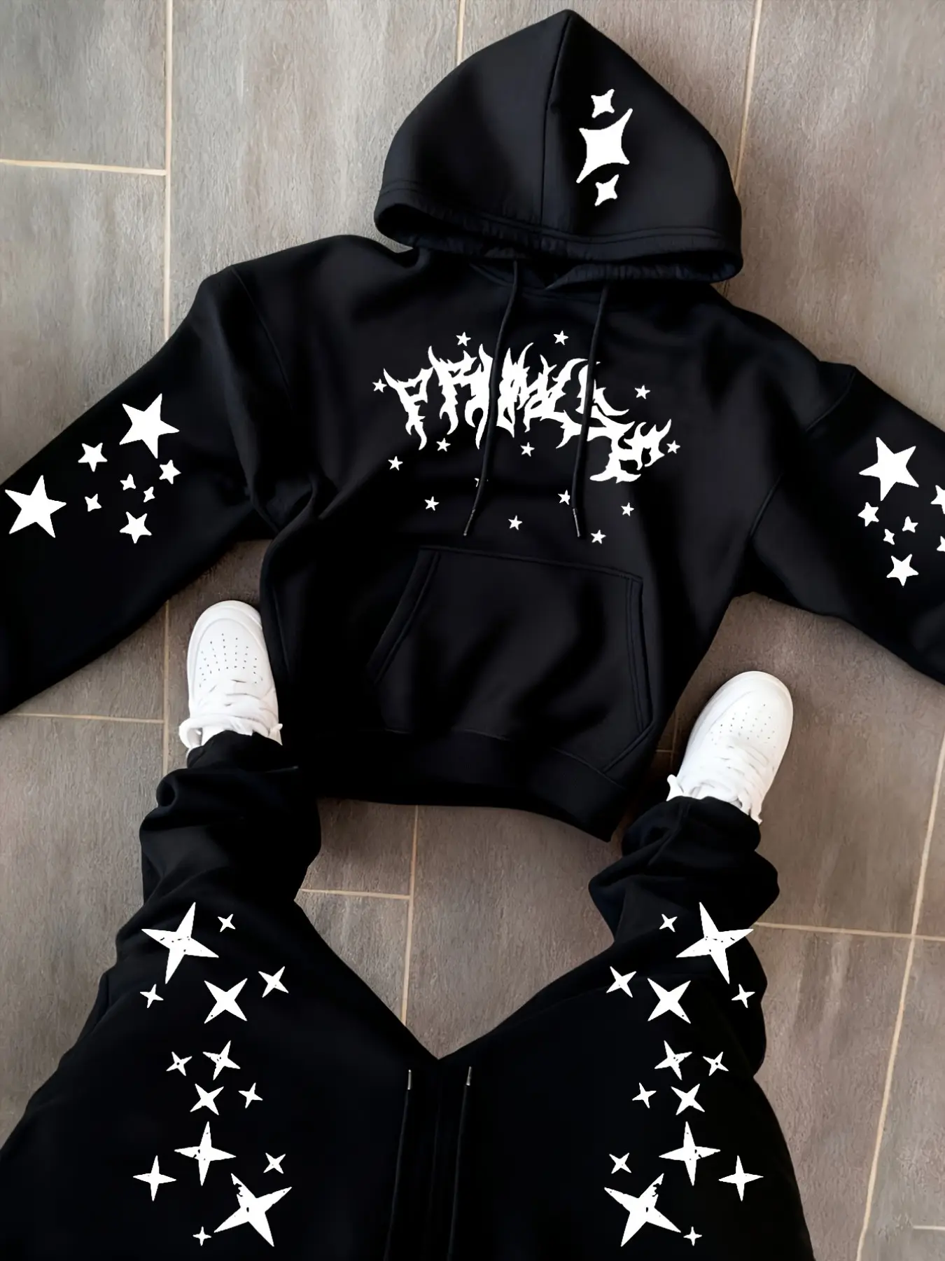Unisex Two-Piece Casual Sports Set: Thickened Soft Fleece Oversized Hoodie + Elastic Waist Cuffed Sweatpants. Vintage White All-Over Star Print, Sharp Metallic Letter Print on the Chest, Star Print on the Brim, Drop-Shoulder Loose Streetwear & Loungewear