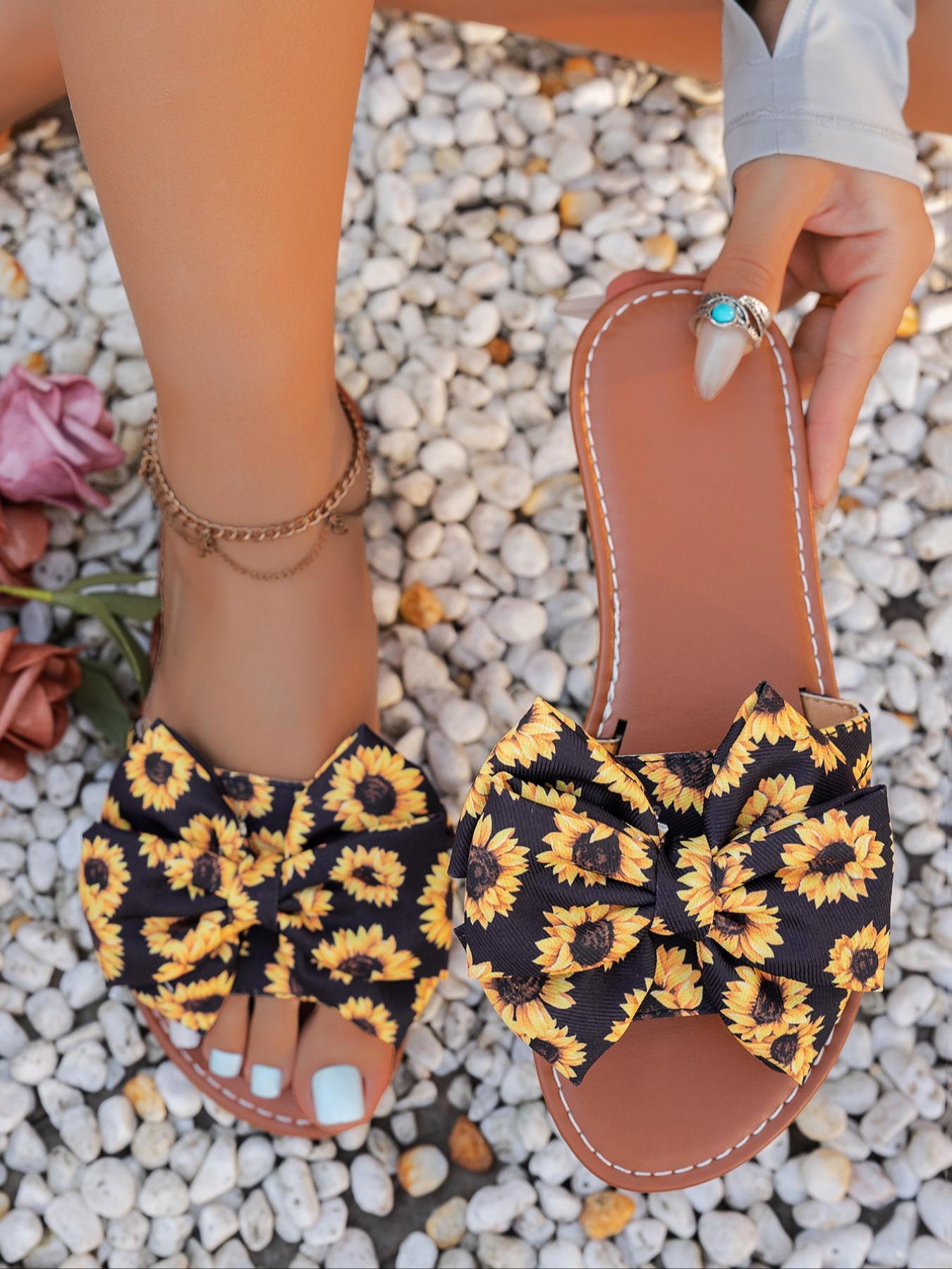 Women's Bow Decorated Slip on Flat Sandals, Boho Style Sandal, Simple Plain Lightweight Non-slip Sandals for Summer, Casual Home Sandals for Outdoor Beach