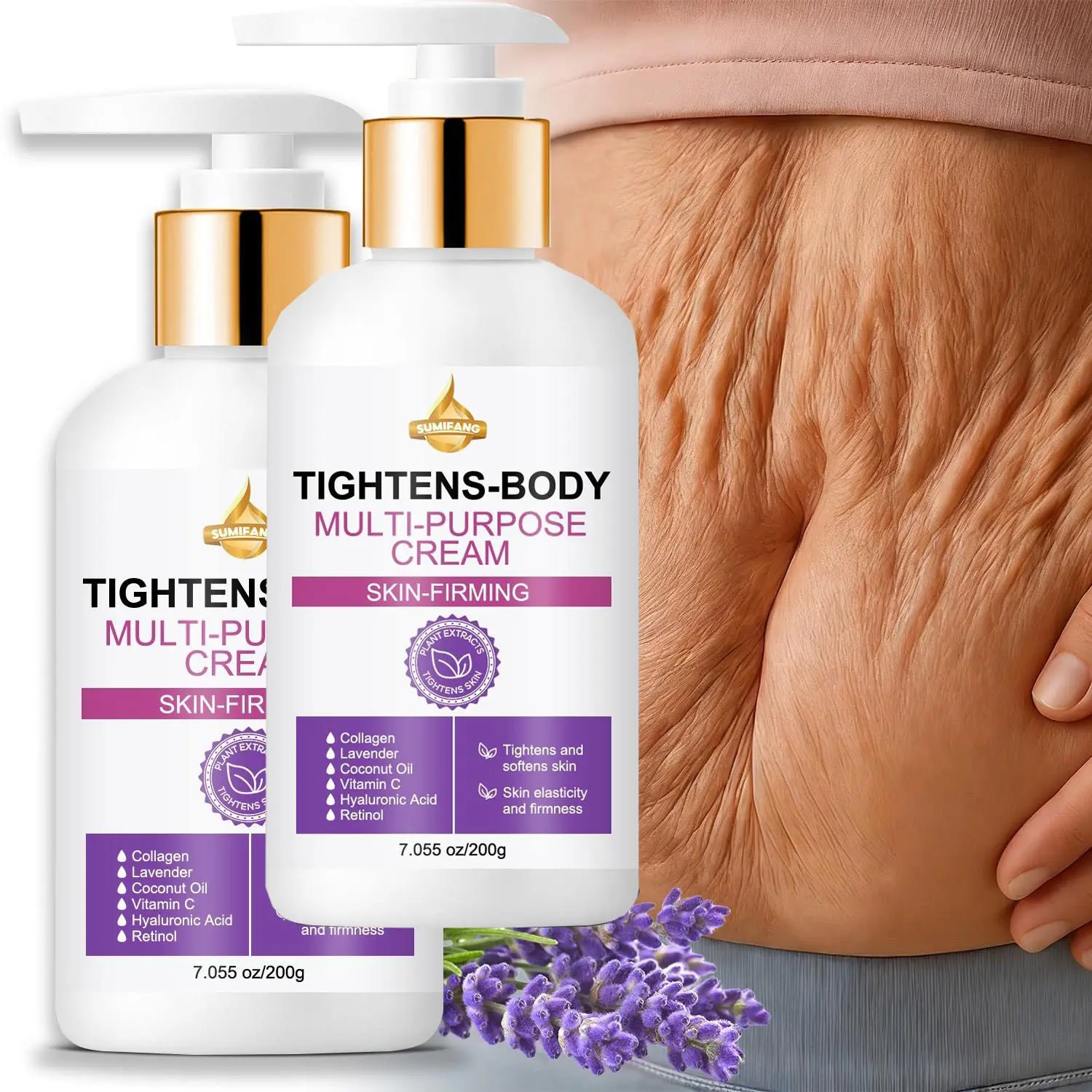 Multi-purpose body firming cream, large capacity (2 pieces), Body Care. Bouncy Body Cream Firms skin, improves elasticity, reduces sagging. Suitable for the whole body, including abdomen, thighs, and arms. Moisturizes and hydrates.