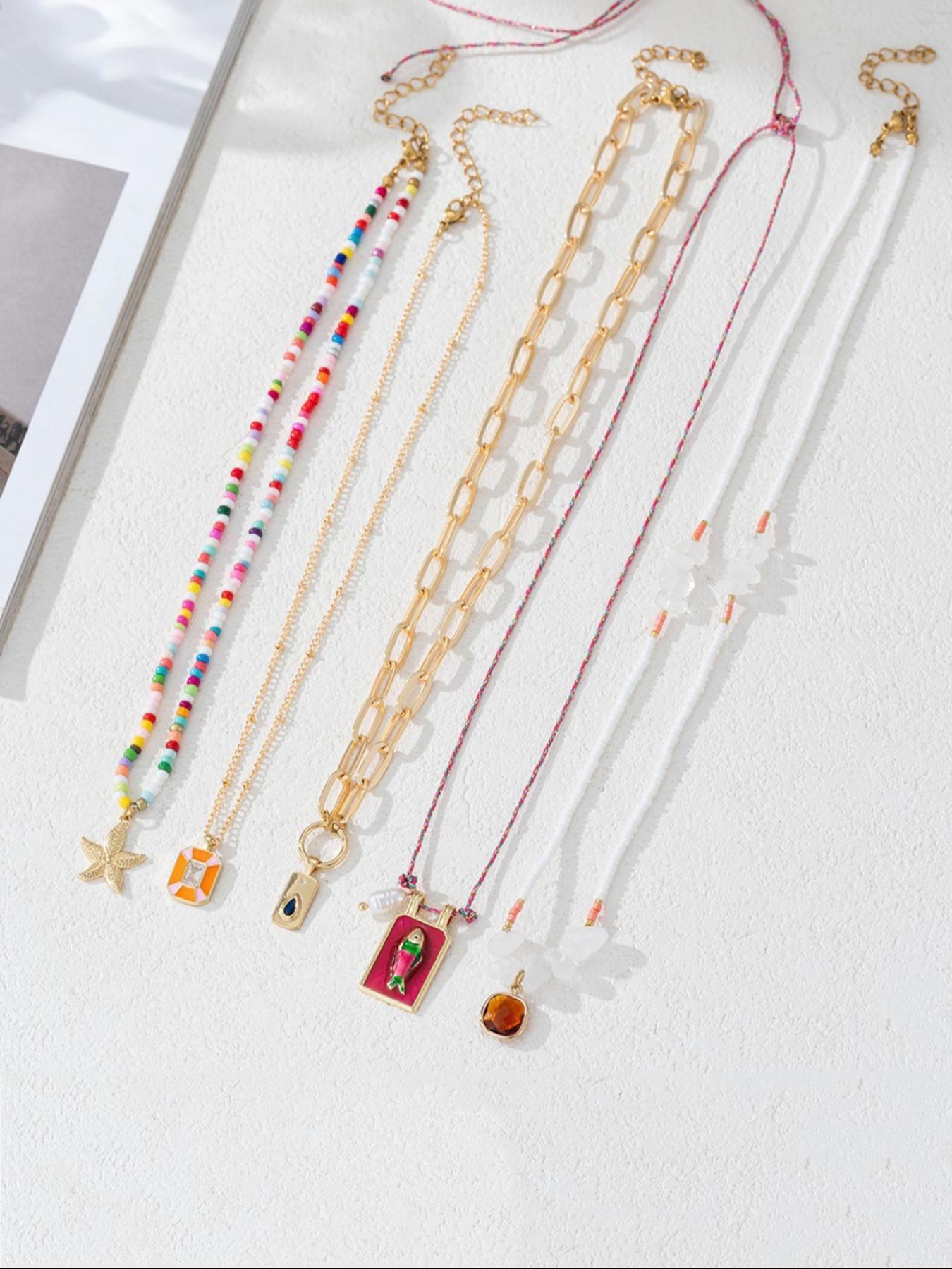 Cute Colorful Beaded Necklace, Fashionable Starfish & Fish Design Pendant Necklace for Women & Girls, Trendy All-match & Exquisite for Birthday Gift, Mothers Day Gift Ideas, Charm Necklaces