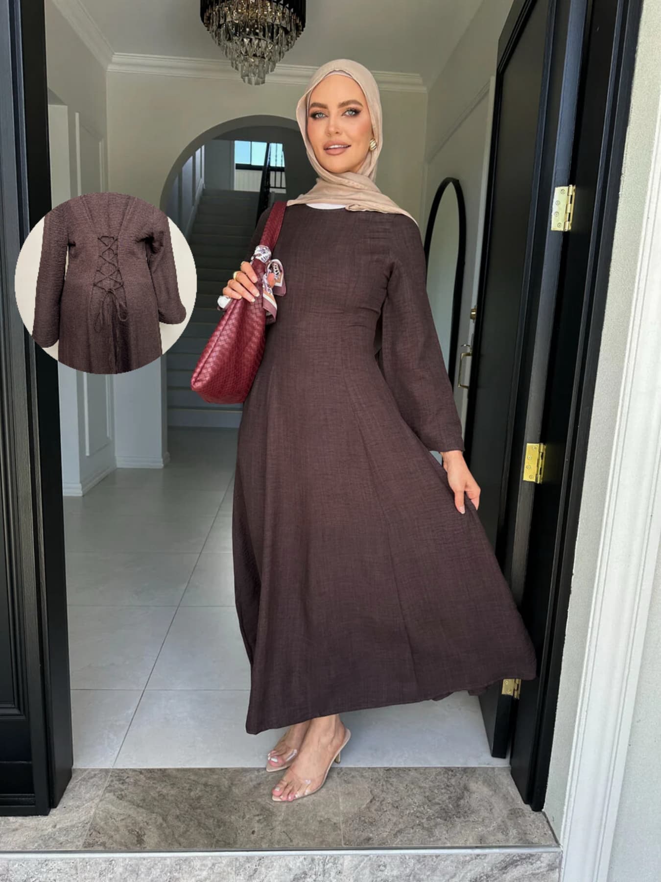 Elegant Ice Silk Wrinkle Abaya | Tie-Waist Corset Back Maxi Dress | Modest Ramadan Fashion for Muslim Women