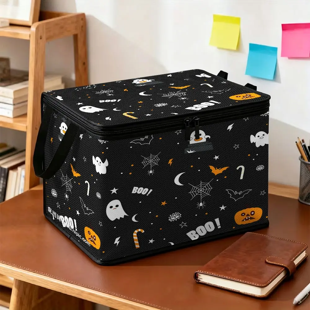 Cute Cartoon Halloween Ghost & Pumpkin Printed Non-woven Storage Box, Double Zipper Handheld Foldable Fabric Storage Bin, Dustproof Cloth Organizer for Toys, Clothes, Festive & Household Use in Kids' Rooms