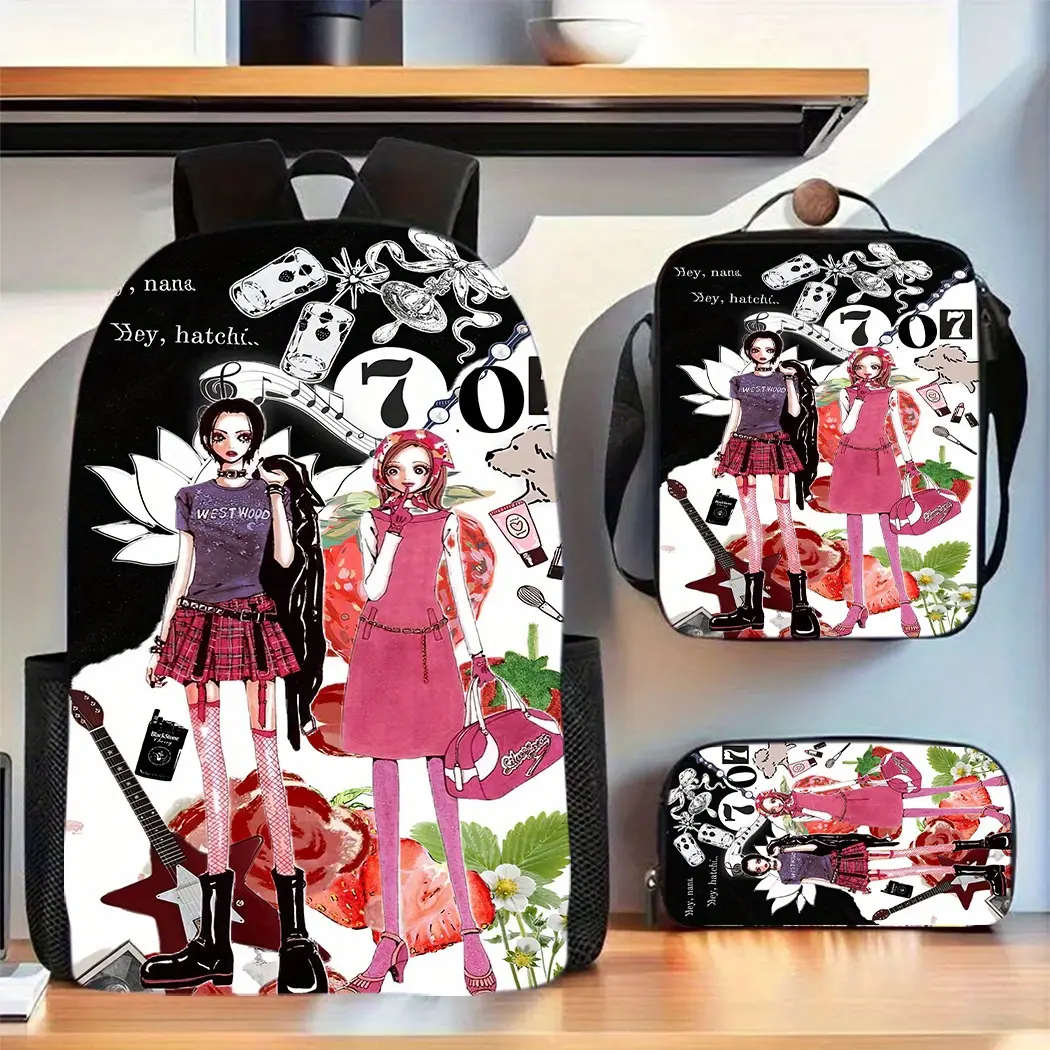 Unisex 3-Piece Nana-Themed Backpack Set - Back to School Haul Essential, Lightweight Basic Synthetic School & Travel Bag with Cool Handle Print, Large-Capacity Laptop Compartment, Pencil Case, Crossbody/Shoulder Bag, Gear Organizer, Do Not Bleach, Work, L