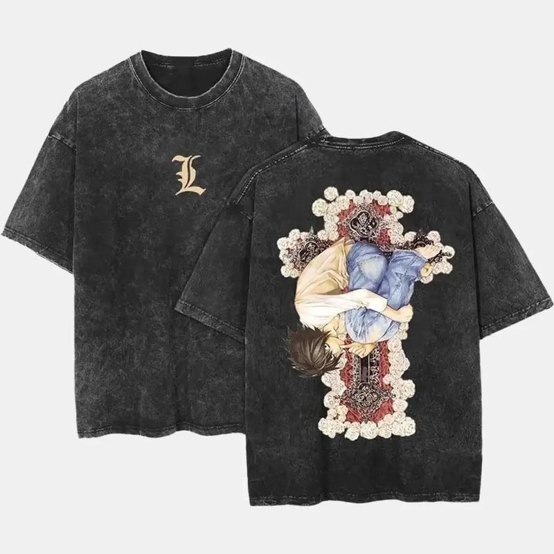 Death Note Graphic Tee – Lawliet L, Ryuk & Light Yagami Vintage Oversized Washed Anime Shirt, Heavy Cotton Unisex Manga Top, Trendy Streetwear Menswear for Casual, Party, Convention, and Anime Fans