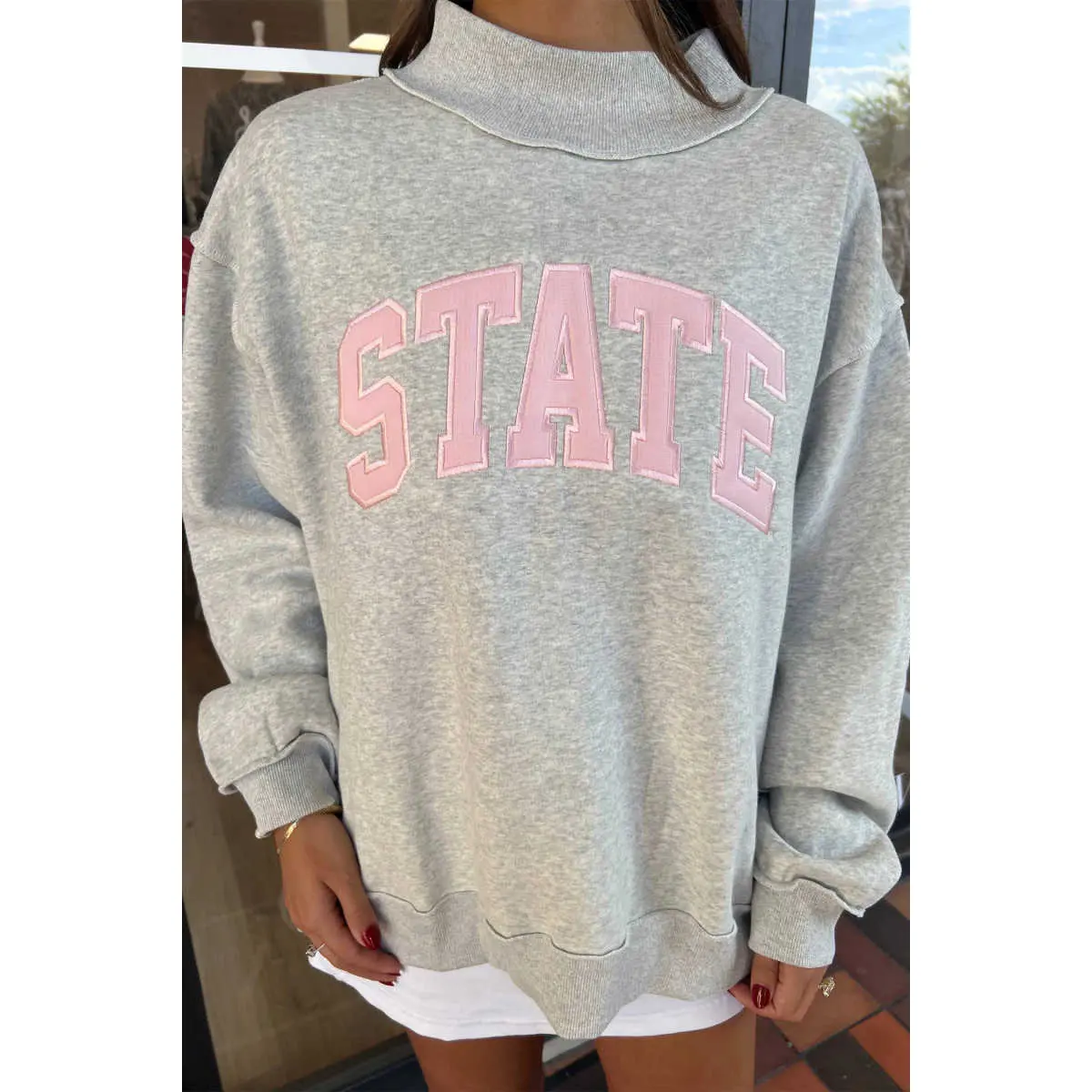 Light Grey Exposed Seam Mock Neck Letter Embroidered Loose Sweatshirt