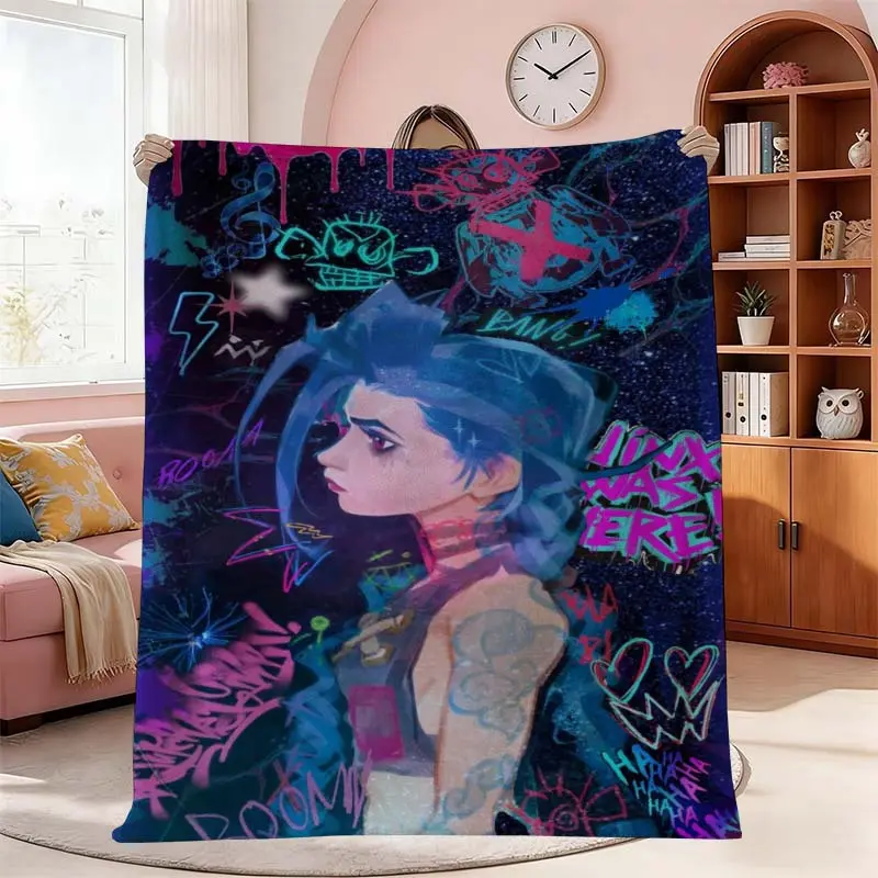 Jinx Anime Girl Print Flannel Blanket Graffiti Dark Purple Background Soft Warm Throw Blanket Sofa Bed Home Decor